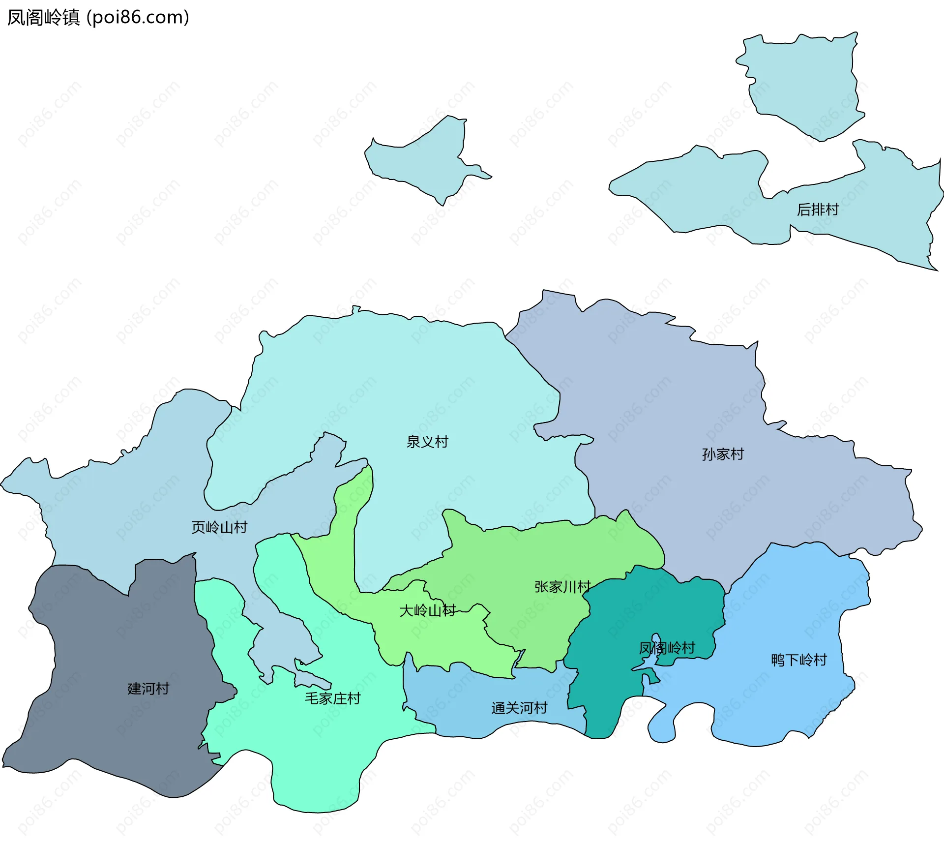 凤阁岭镇边界地图(五级行政区划)