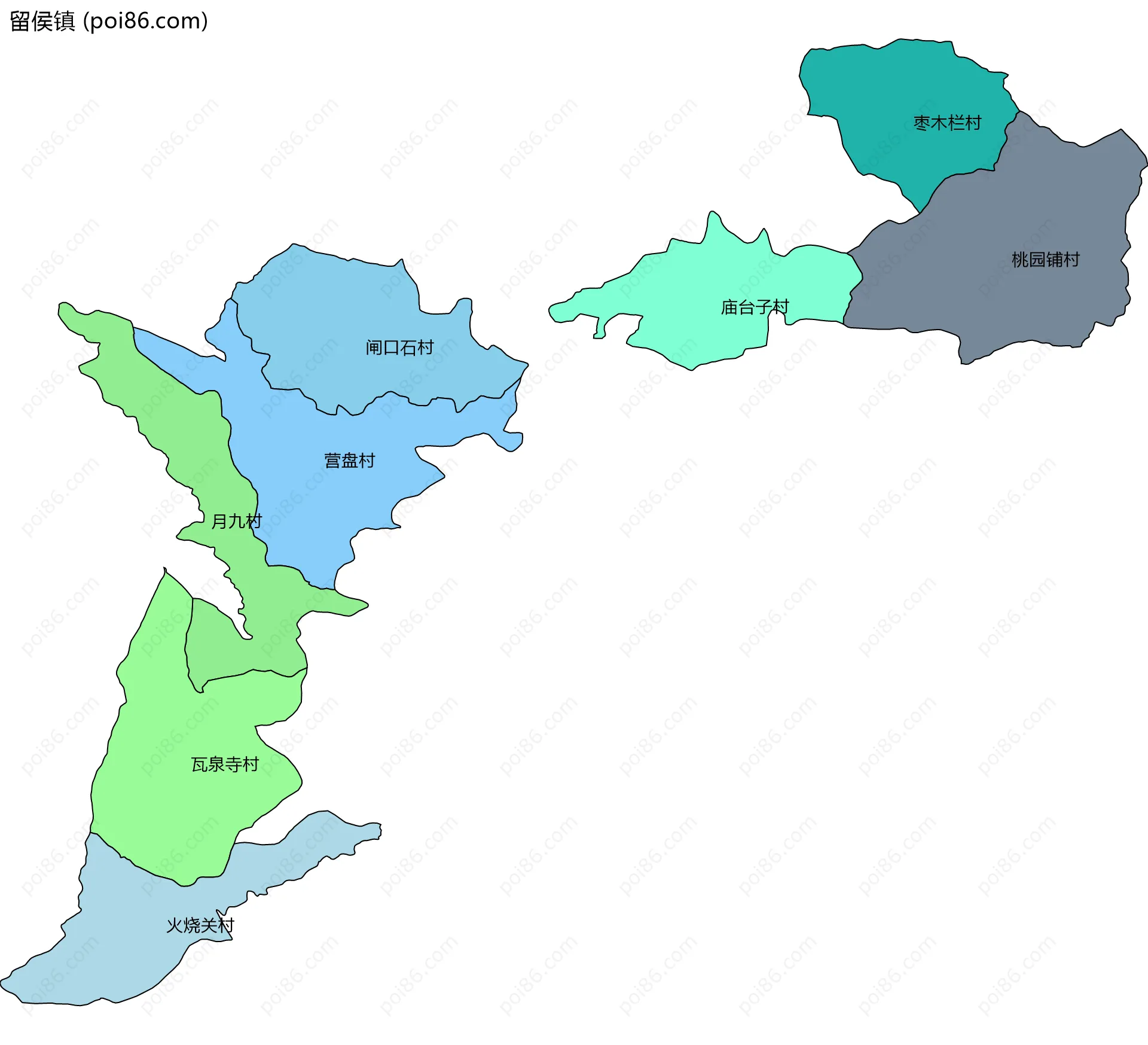 留侯镇边界地图(五级行政区划)