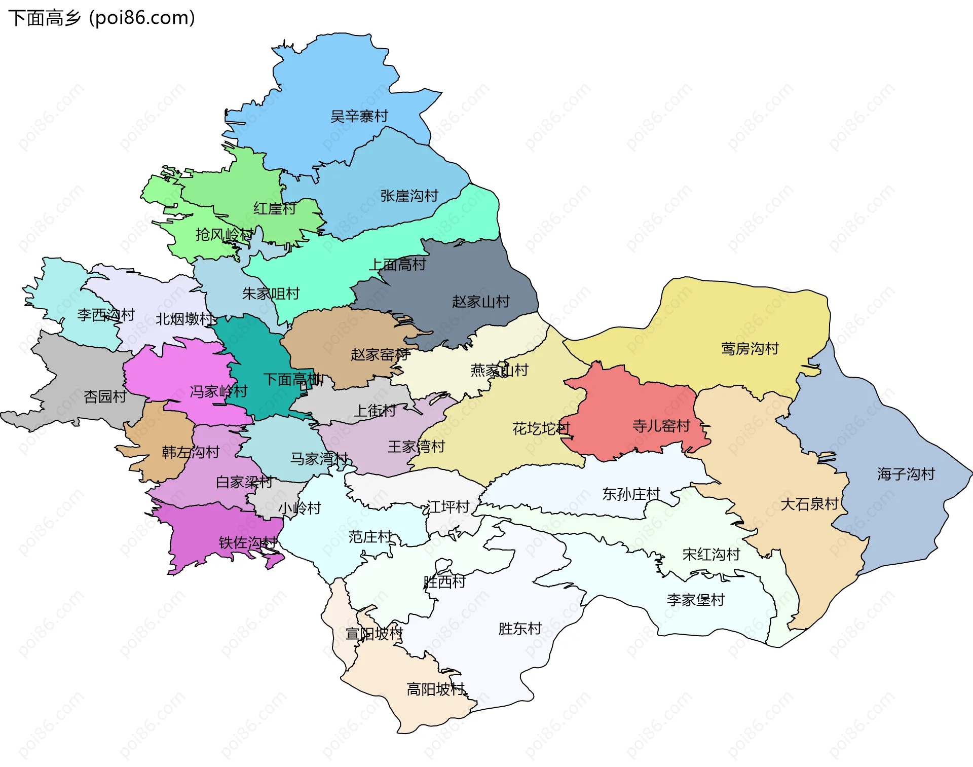 下面高乡边界地图(五级行政区划)