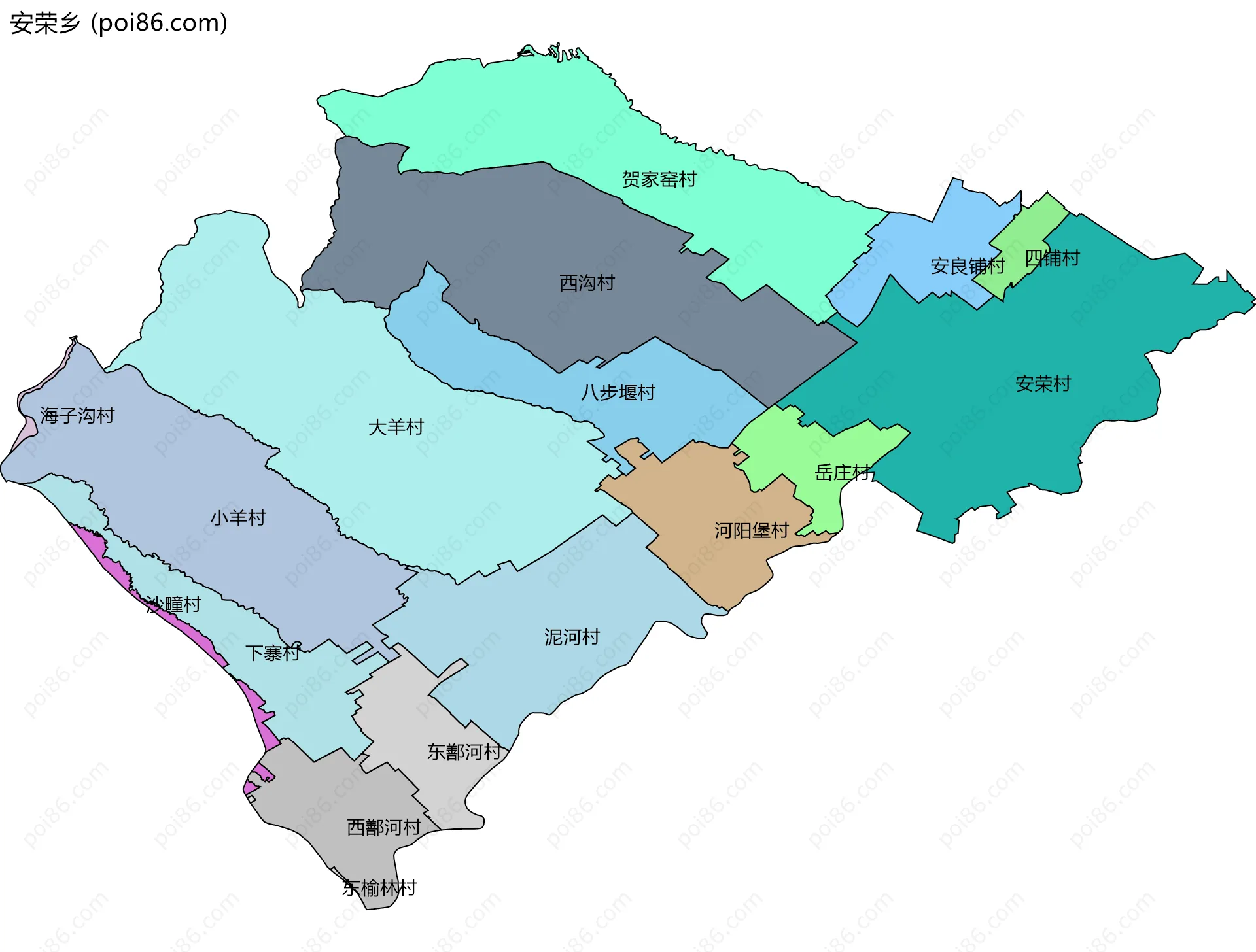 安荣乡边界地图(五级行政区划)