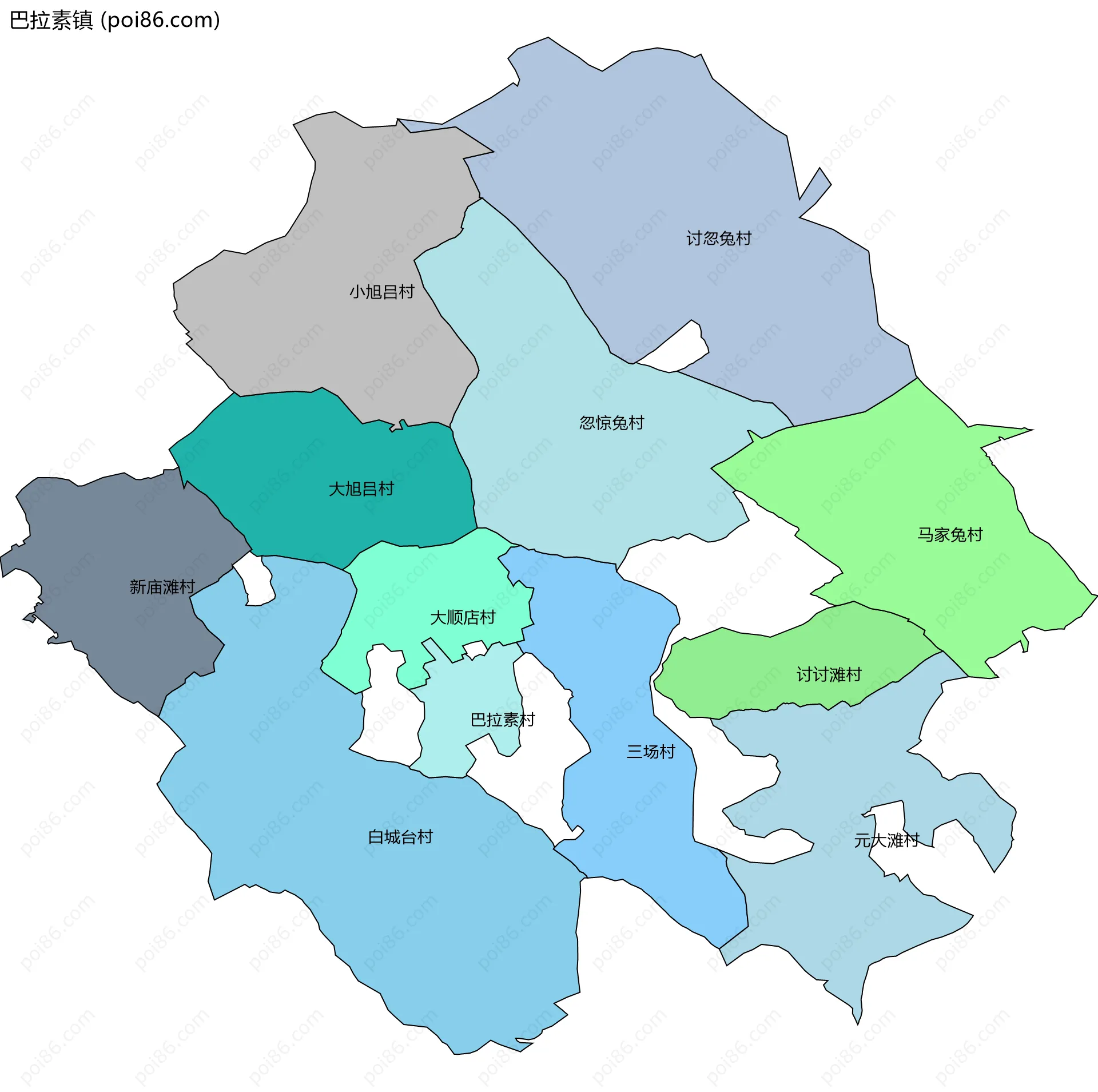 巴拉素镇边界地图(五级行政区划)