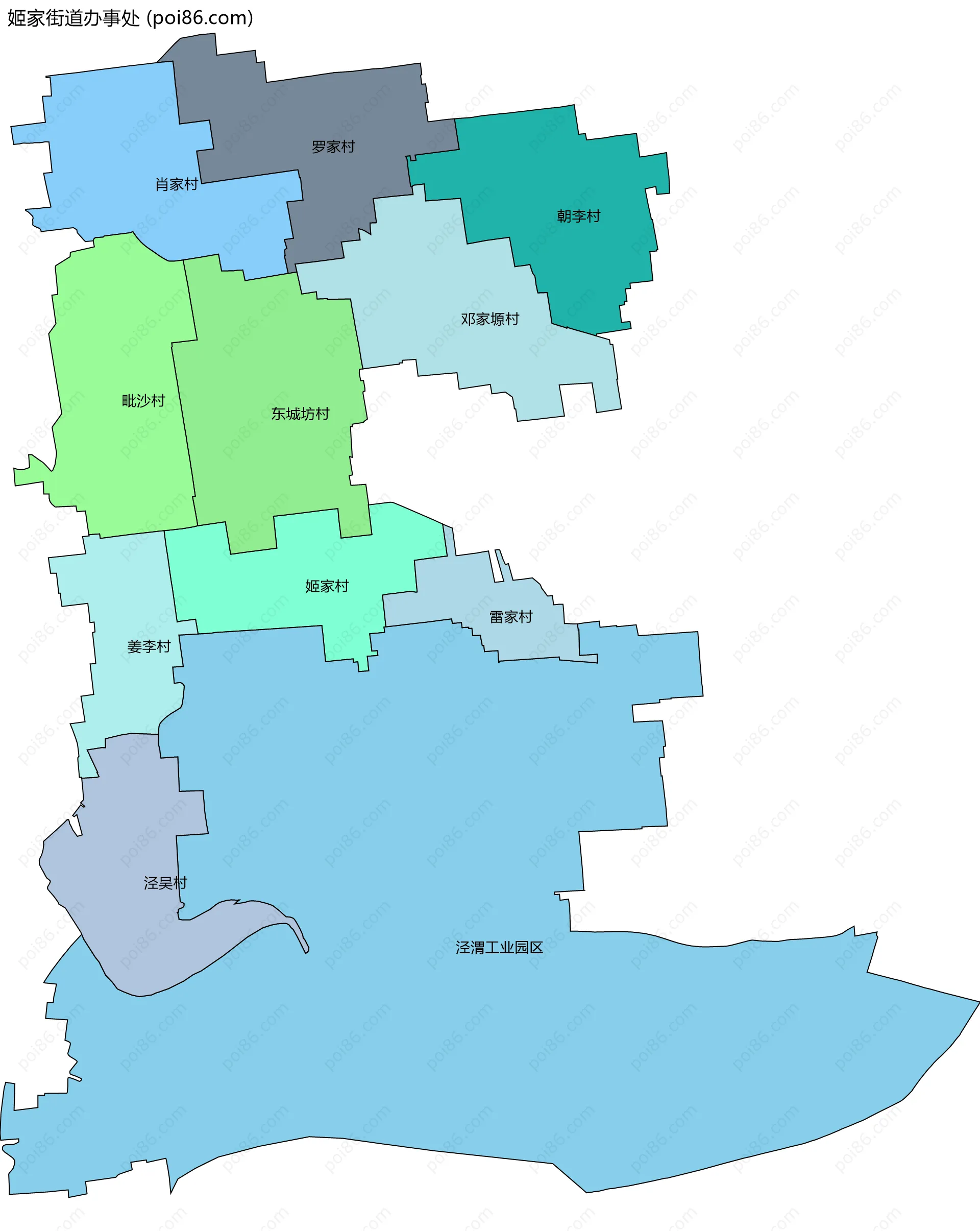 姬家街道办事处边界地图(五级行政区划)