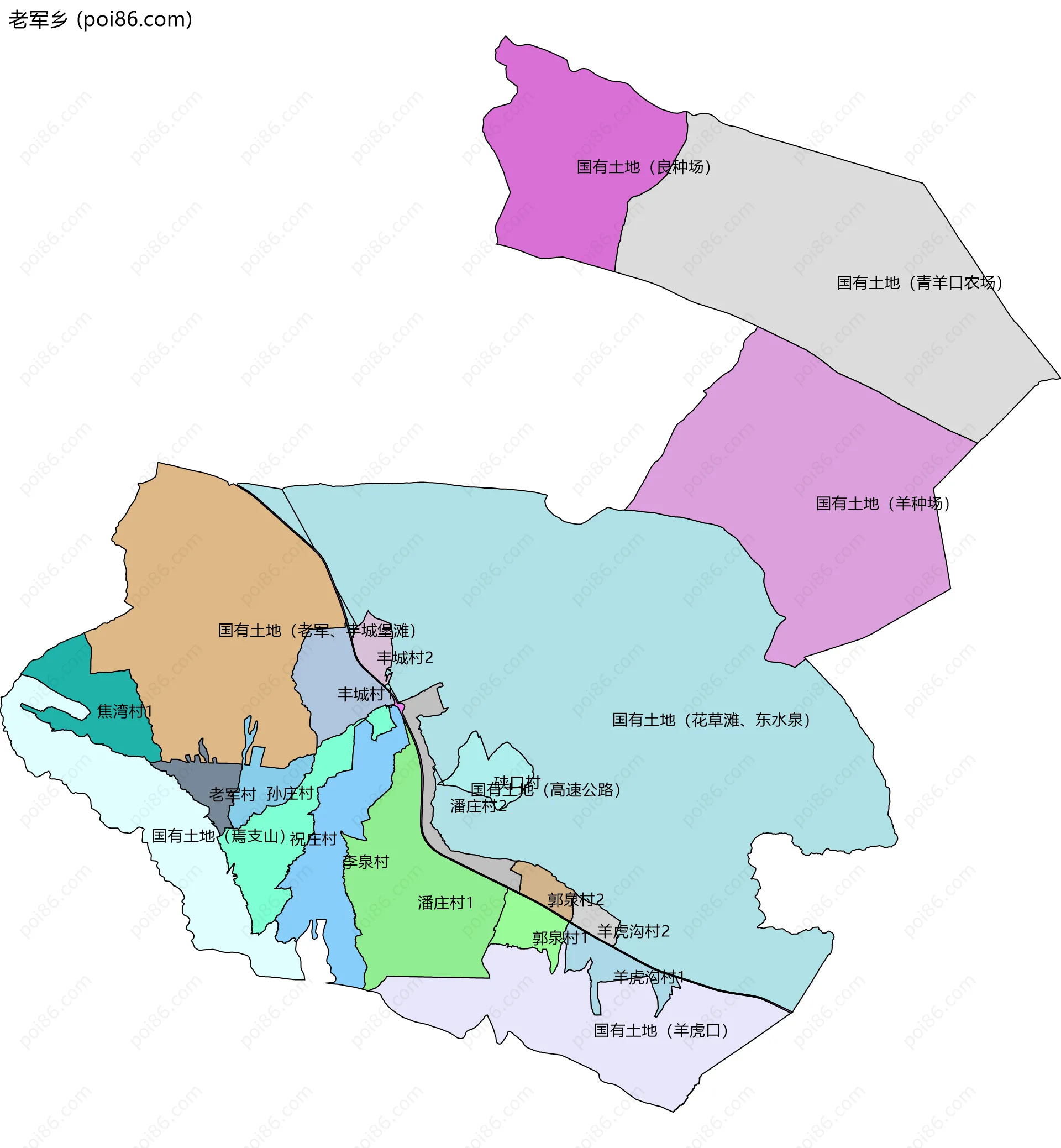老军乡边界地图(五级行政区划)
