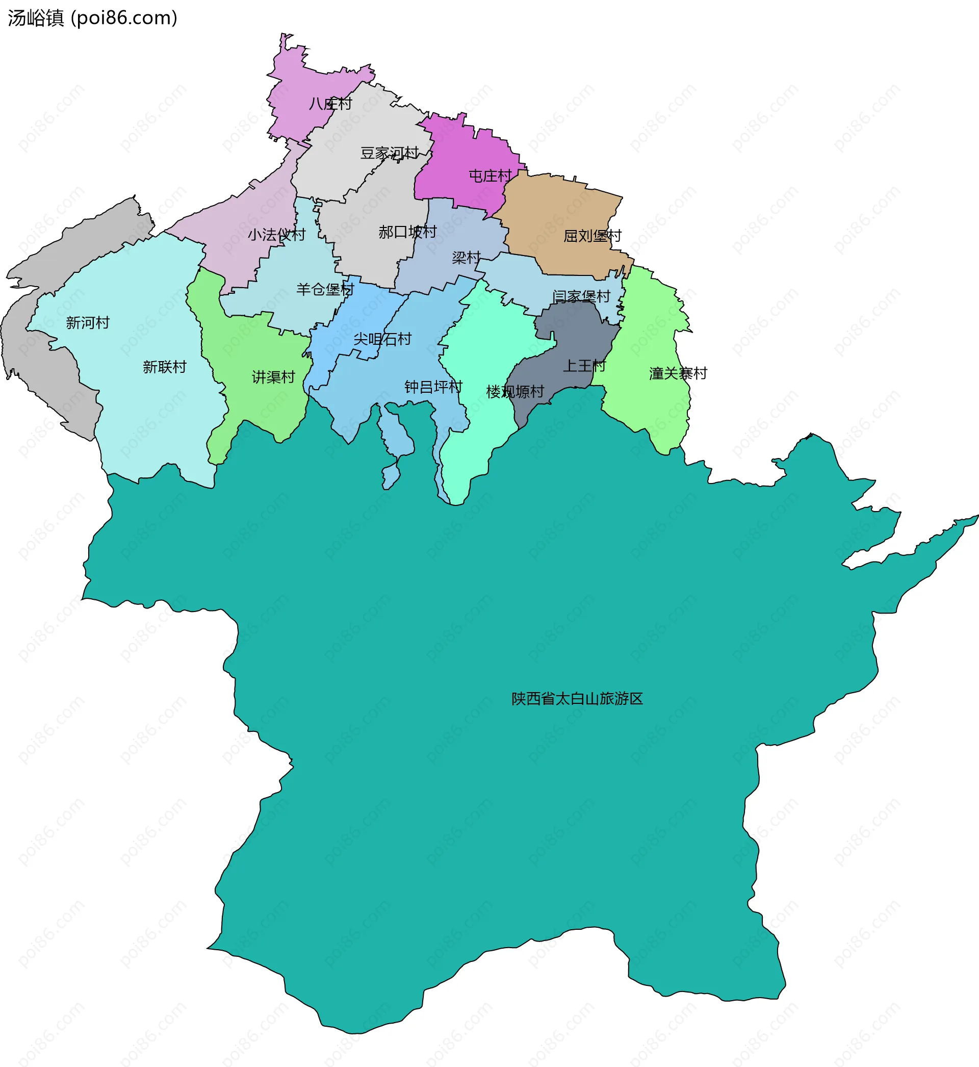 汤峪镇边界地图(五级行政区划)