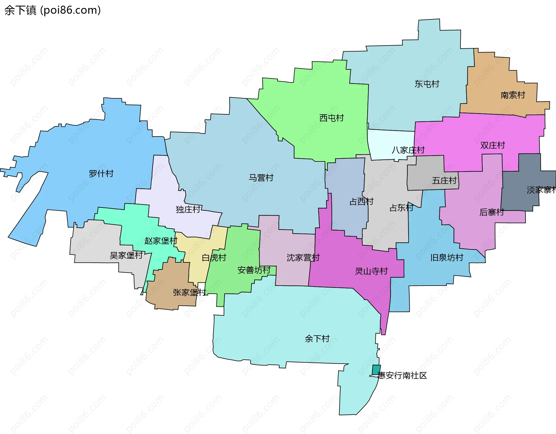 余下镇边界地图(五级行政区划)