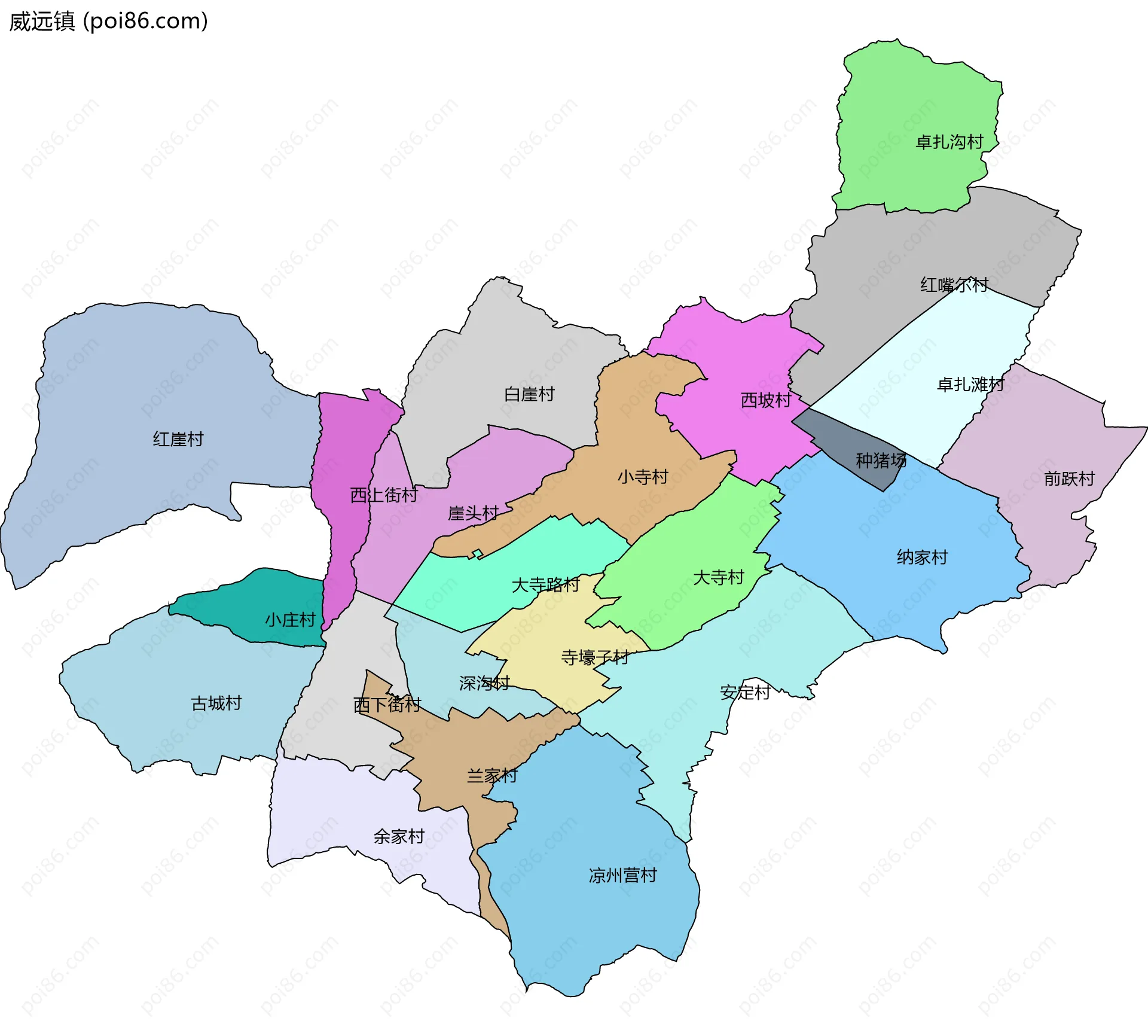 威远镇边界地图(五级行政区划)