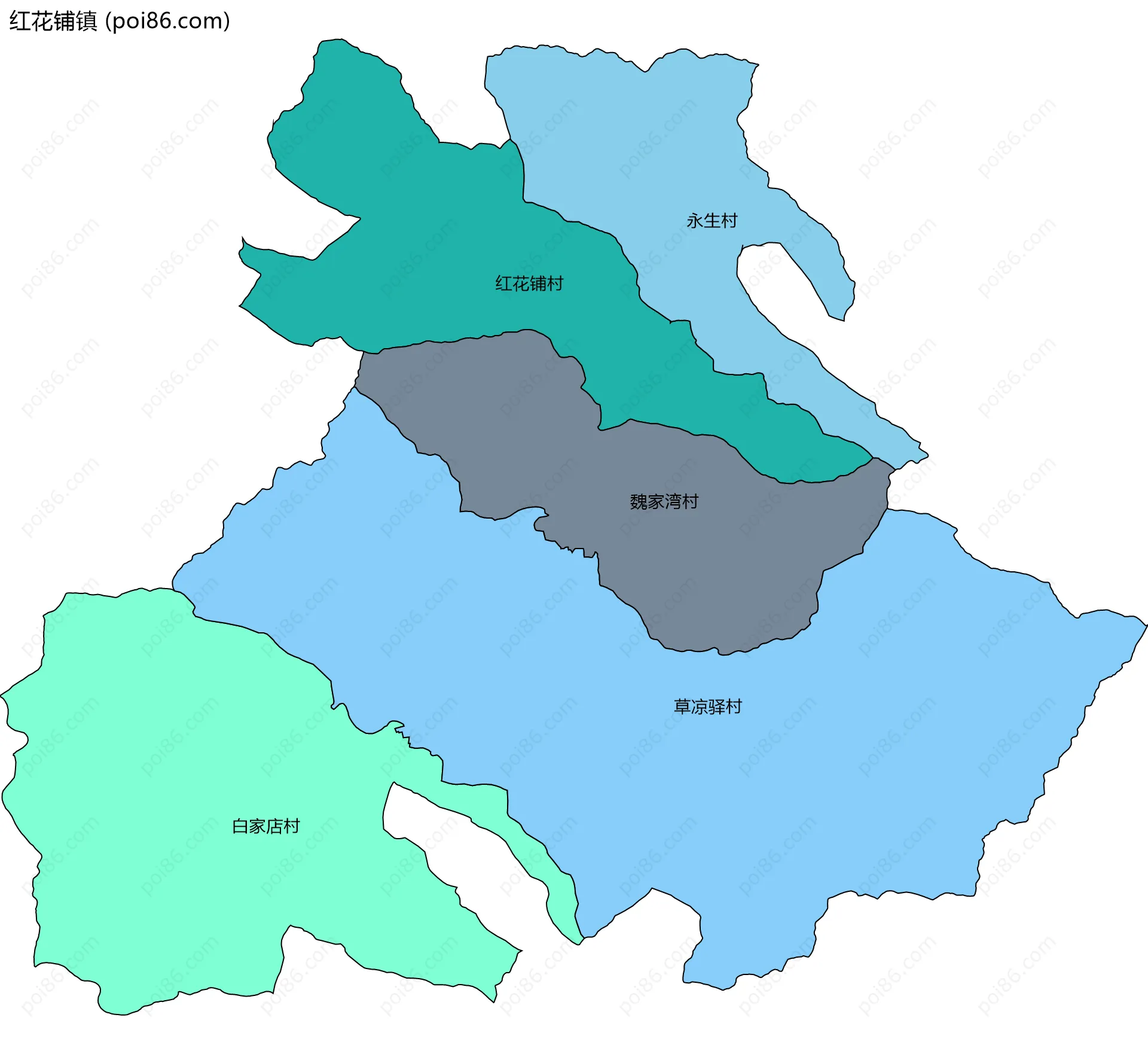 红花铺镇边界地图(五级行政区划)