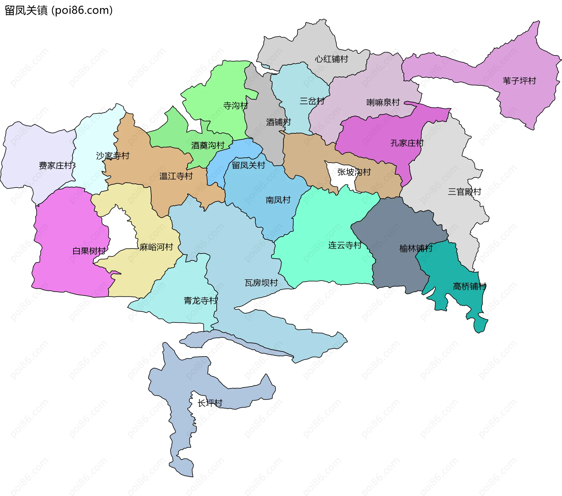 留凤关镇边界地图(五级行政区划)