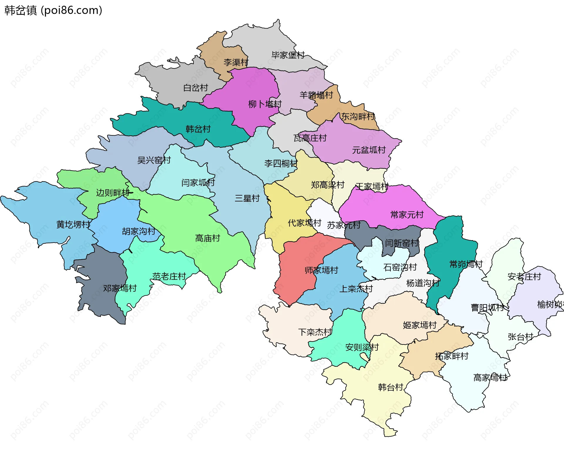 韩岔镇边界地图(五级行政区划)