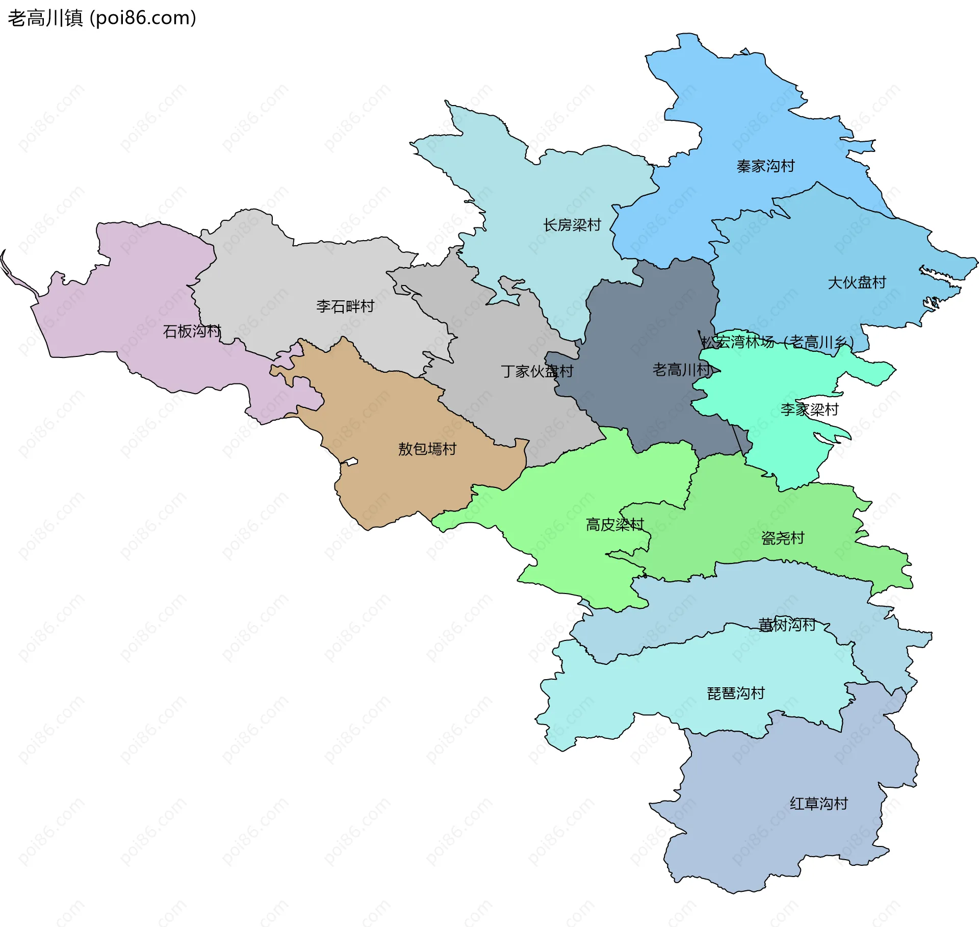 老高川镇边界地图(五级行政区划)