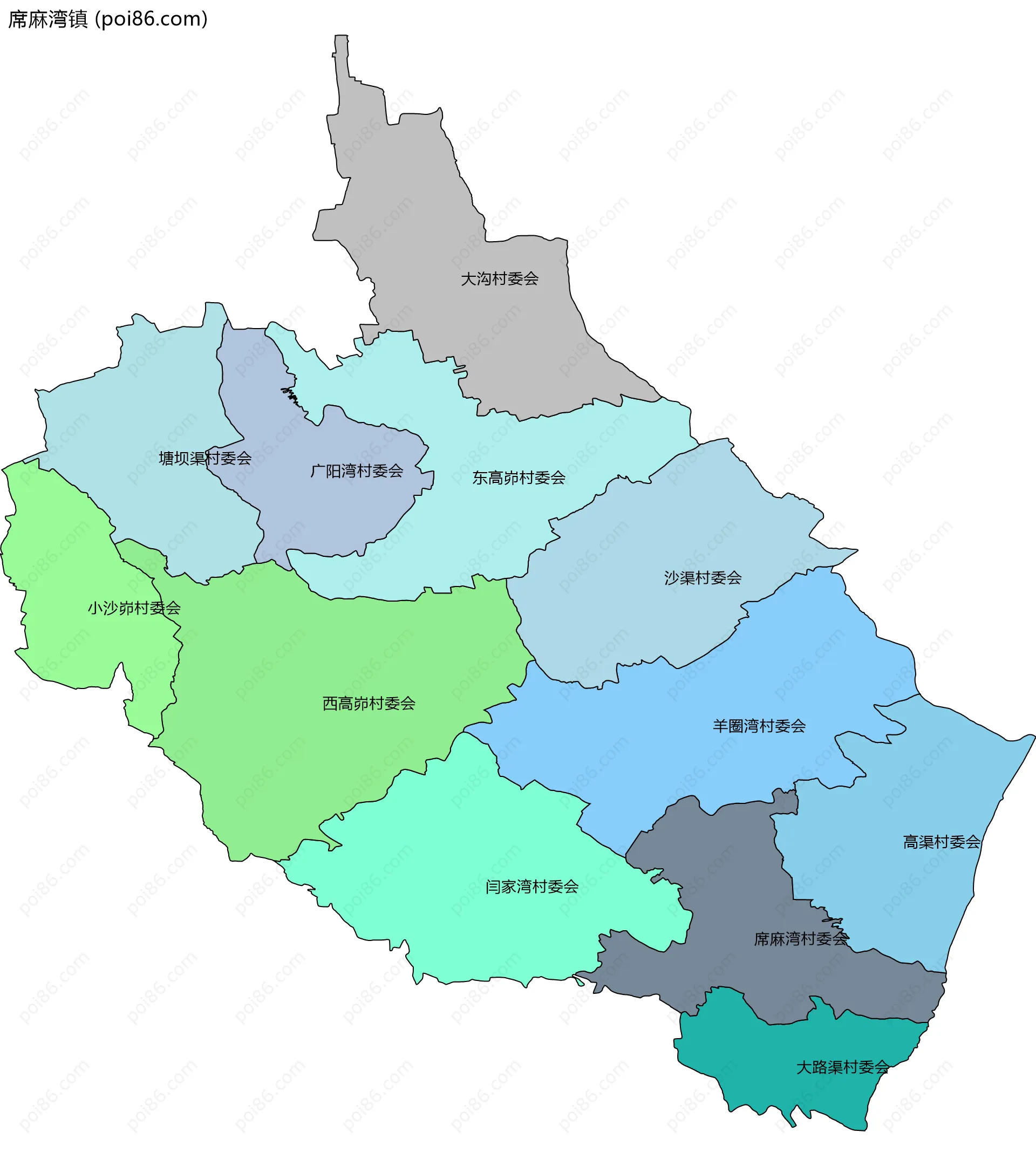 席麻湾镇边界地图(五级行政区划)