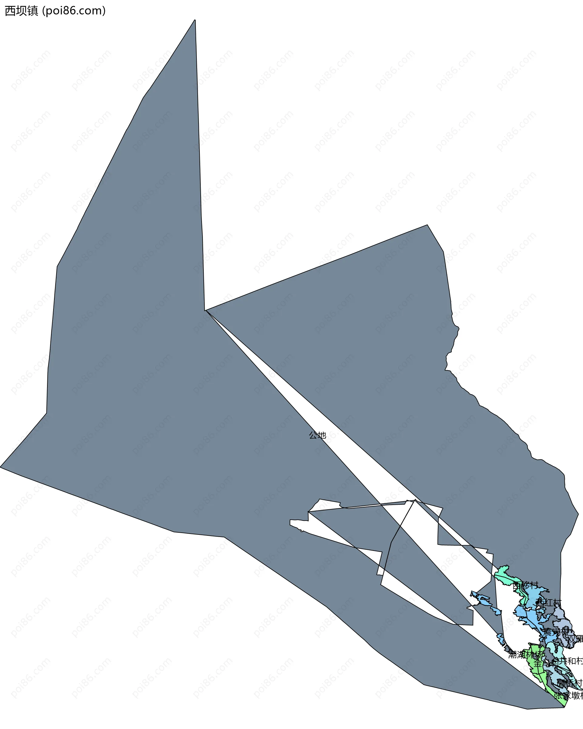 西坝镇边界地图(五级行政区划)