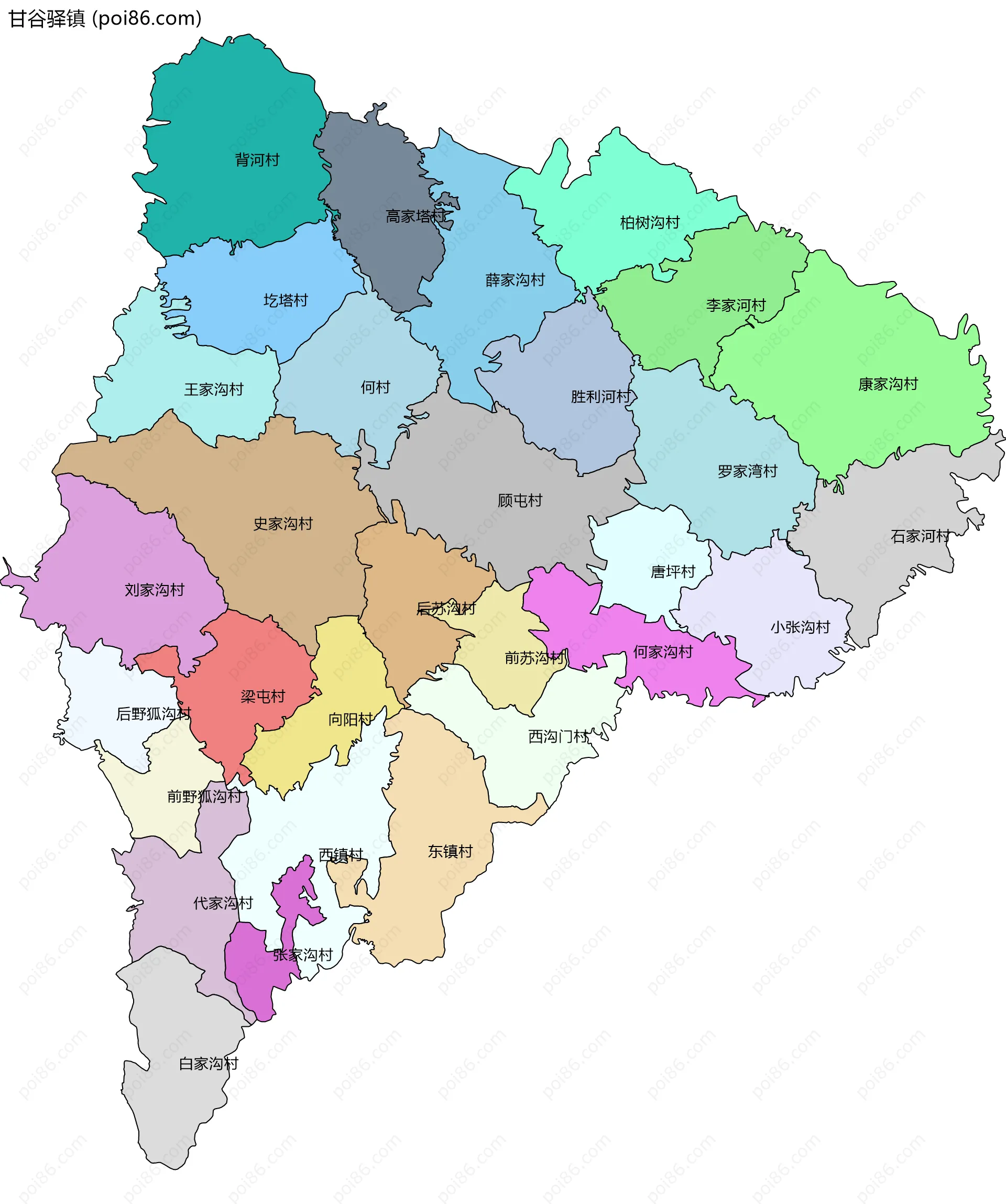 甘谷驿镇边界地图(五级行政区划)