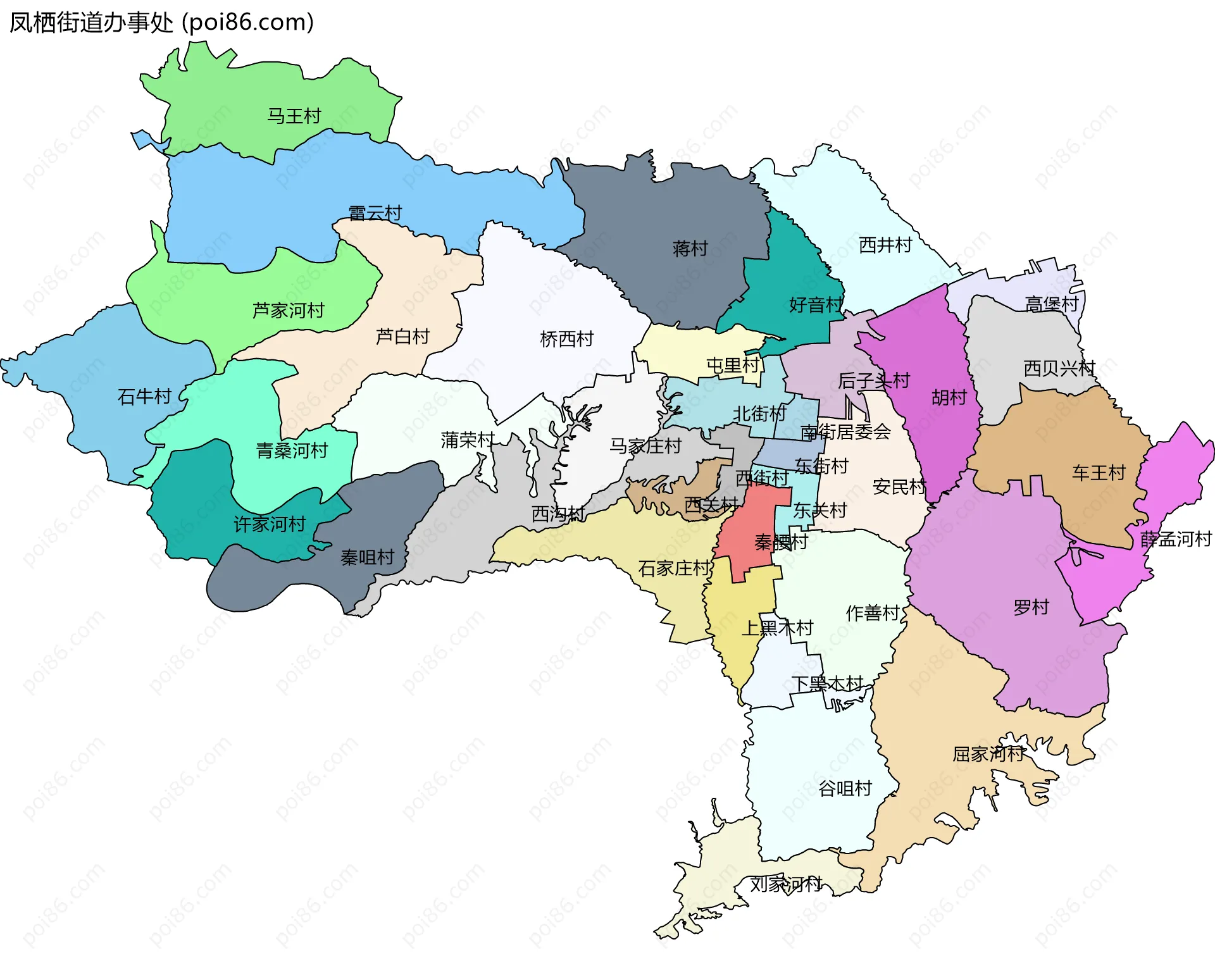 凤栖街道办事处边界地图(五级行政区划)