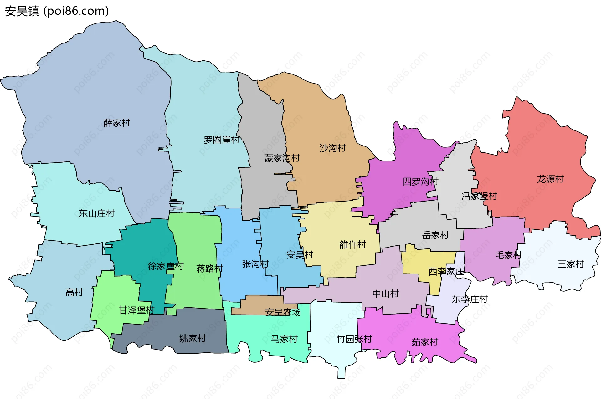 安吴镇边界地图(五级行政区划)