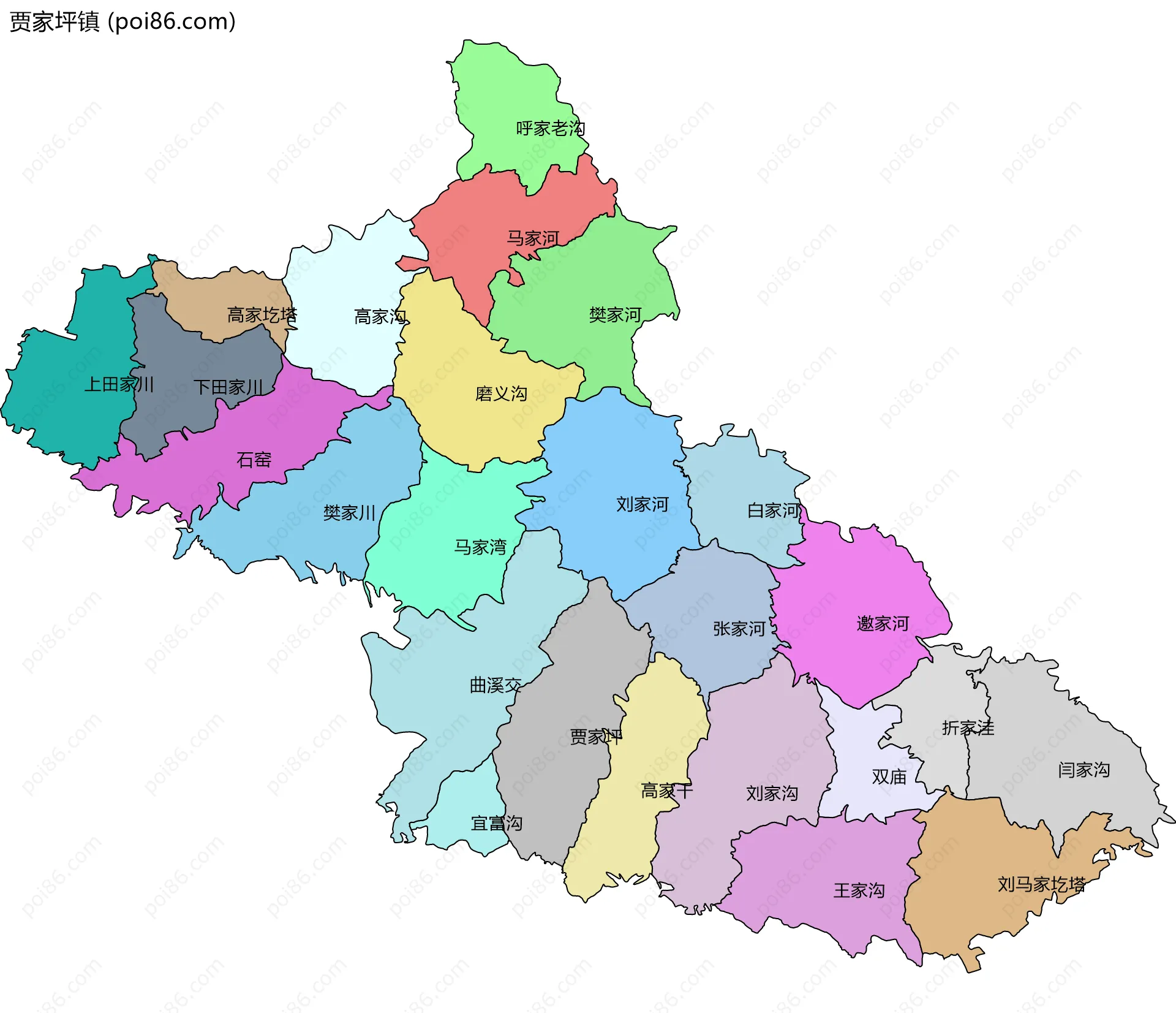 贾家坪镇边界地图(五级行政区划)