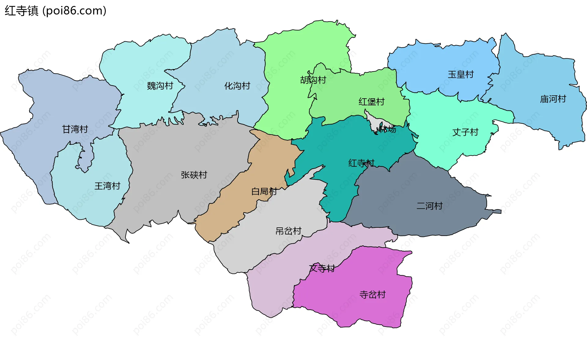 红寺镇边界地图(五级行政区划)