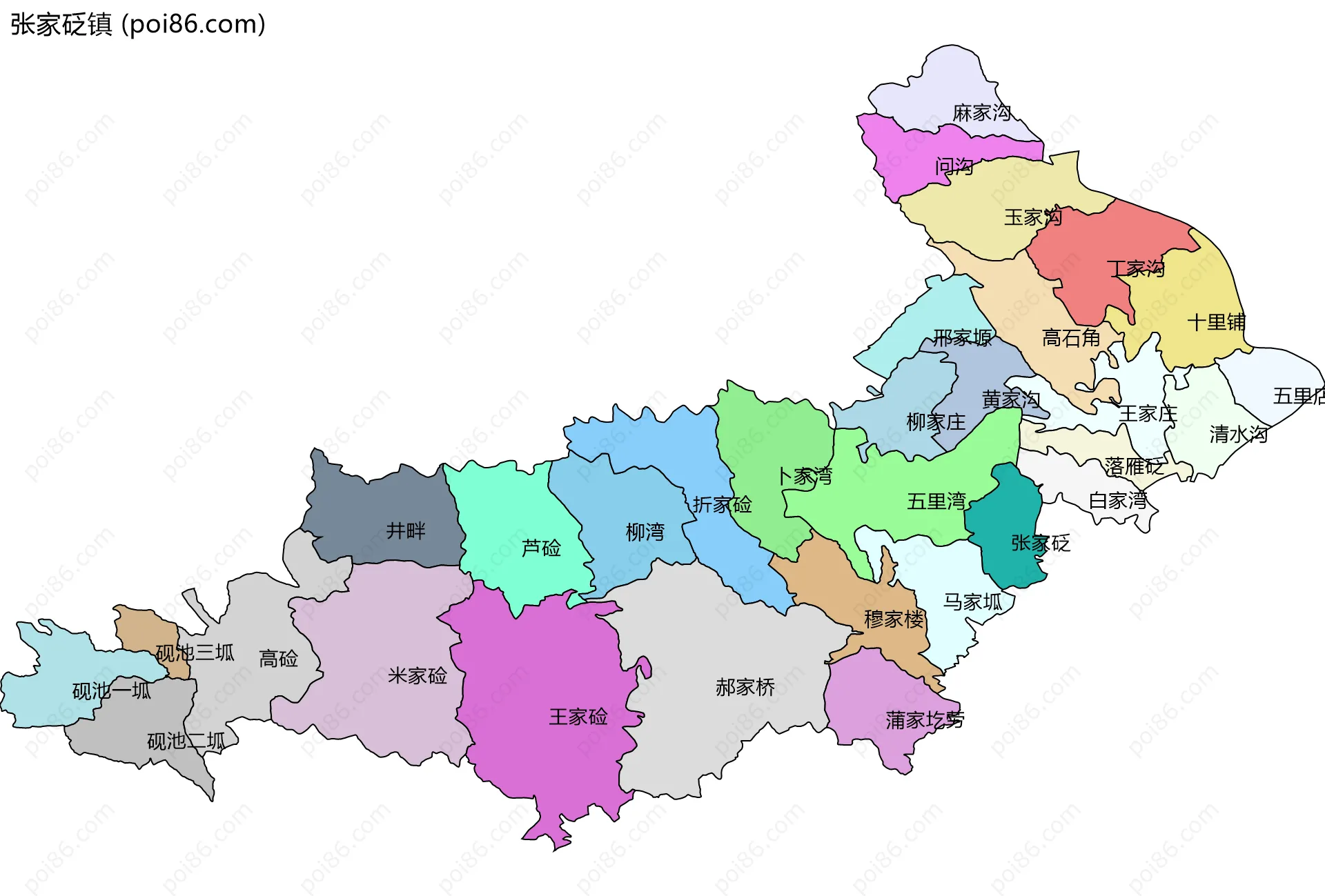 张家砭镇边界地图(五级行政区划)