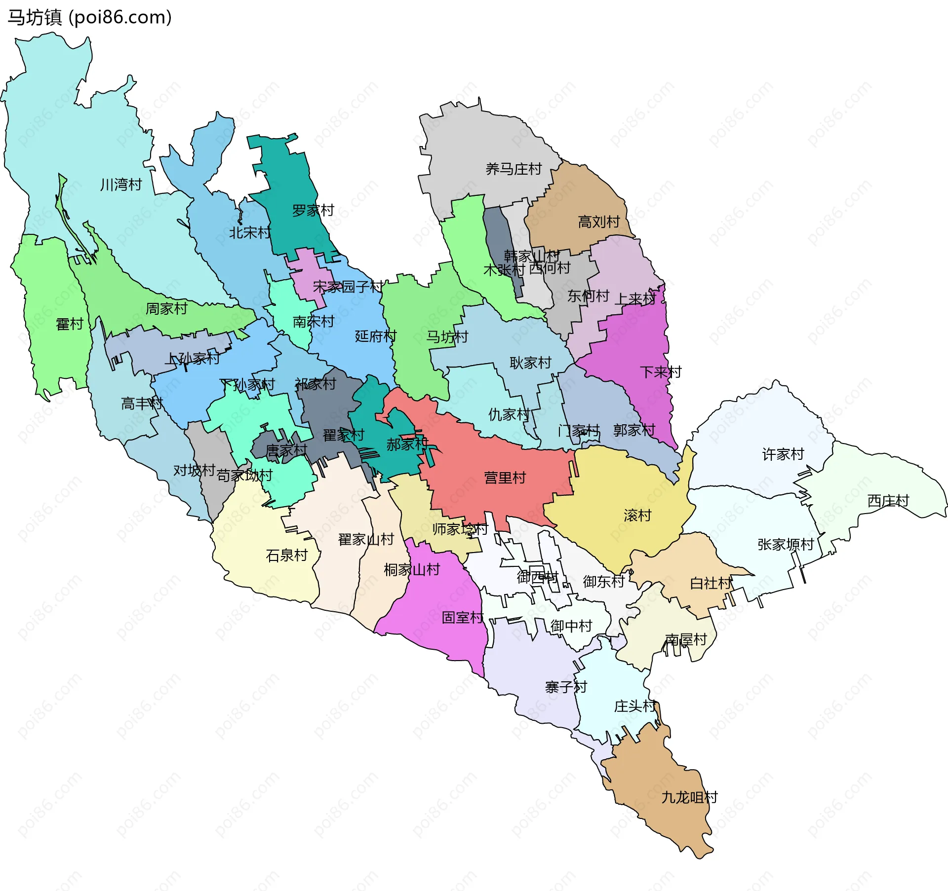 马坊镇边界地图(五级行政区划)