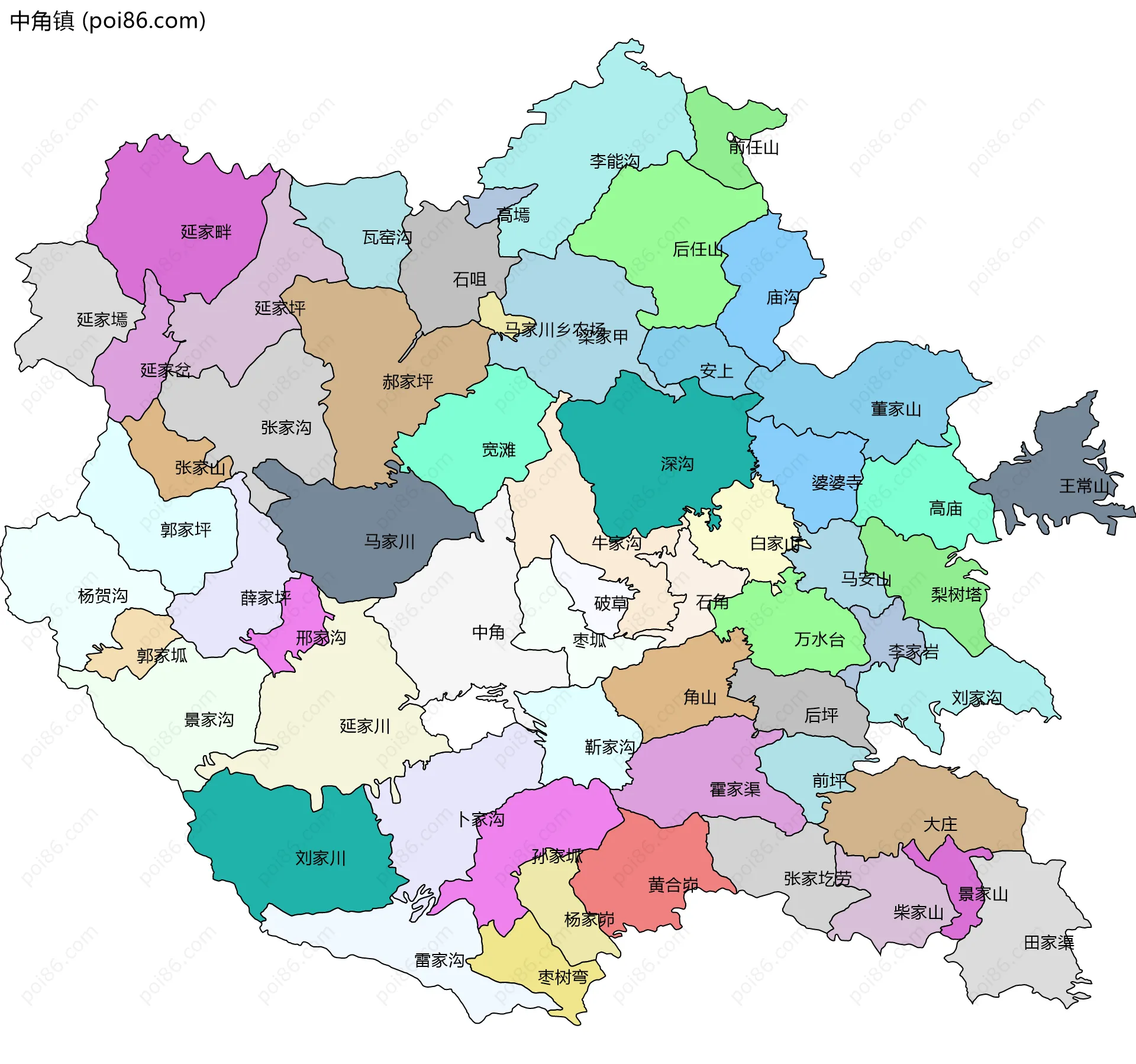 中角镇边界地图(五级行政区划)