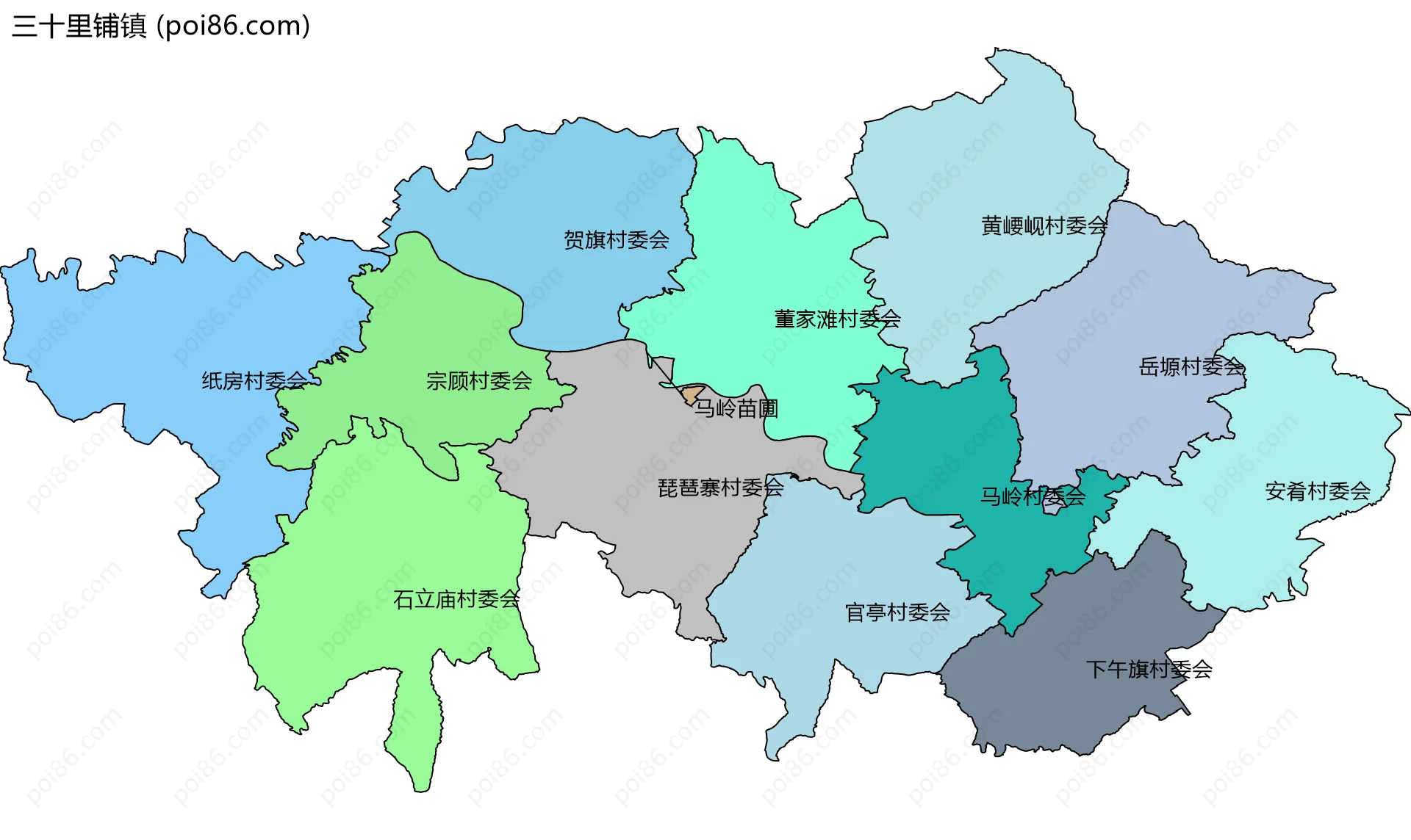 三十里铺镇边界地图(五级行政区划)