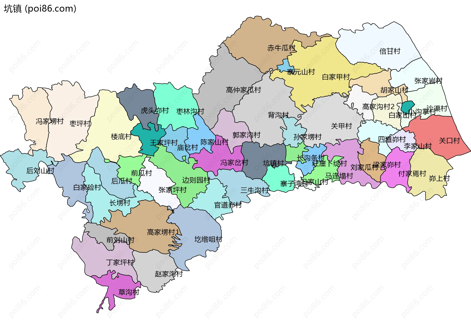 坑镇边界地图(五级行政区划)