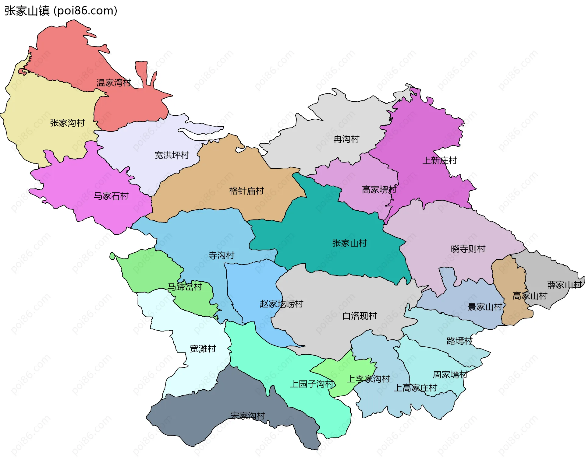 张家山镇边界地图(五级行政区划)