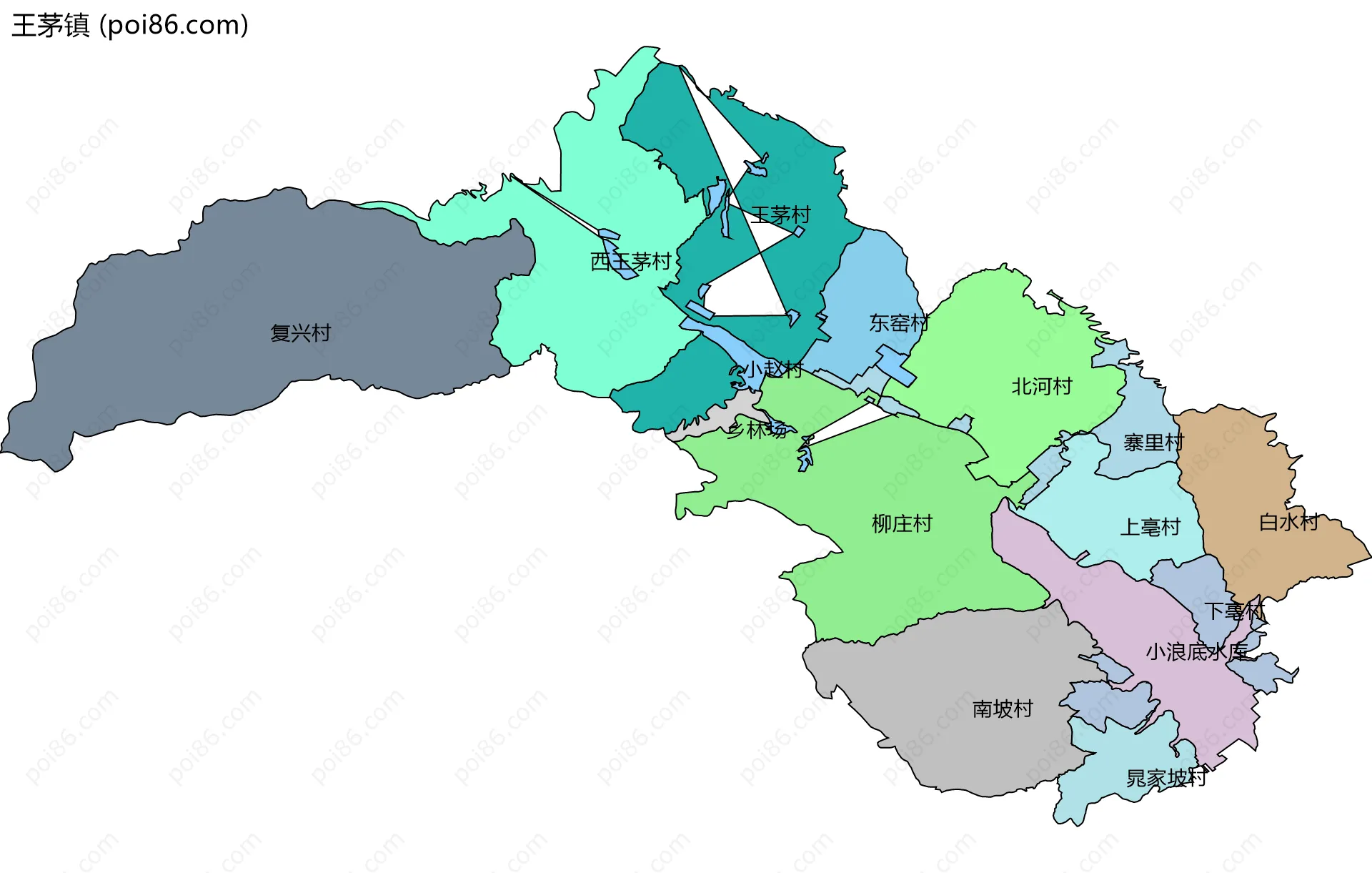 王茅镇边界地图(五级行政区划)