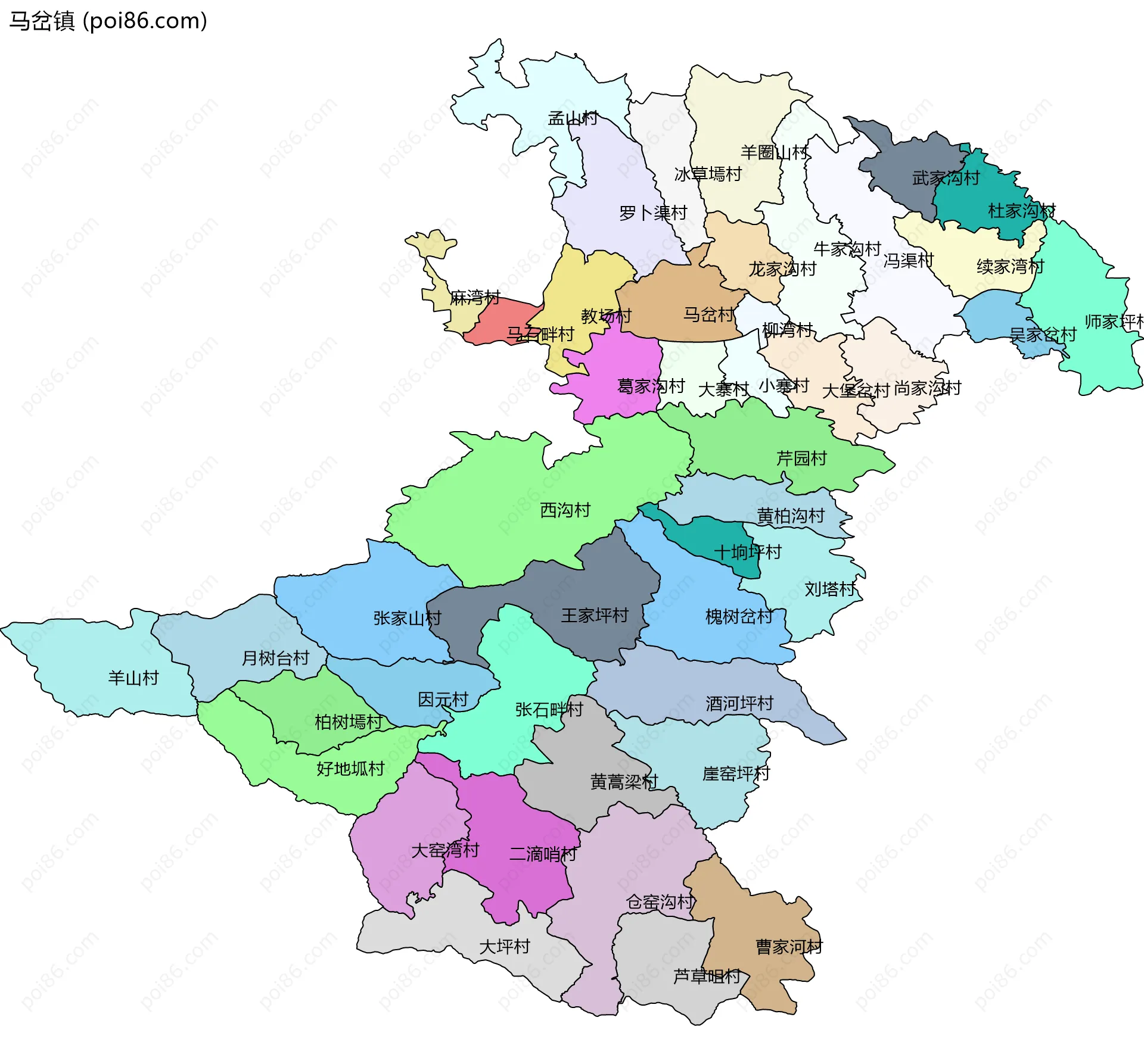 马岔镇边界地图(五级行政区划)