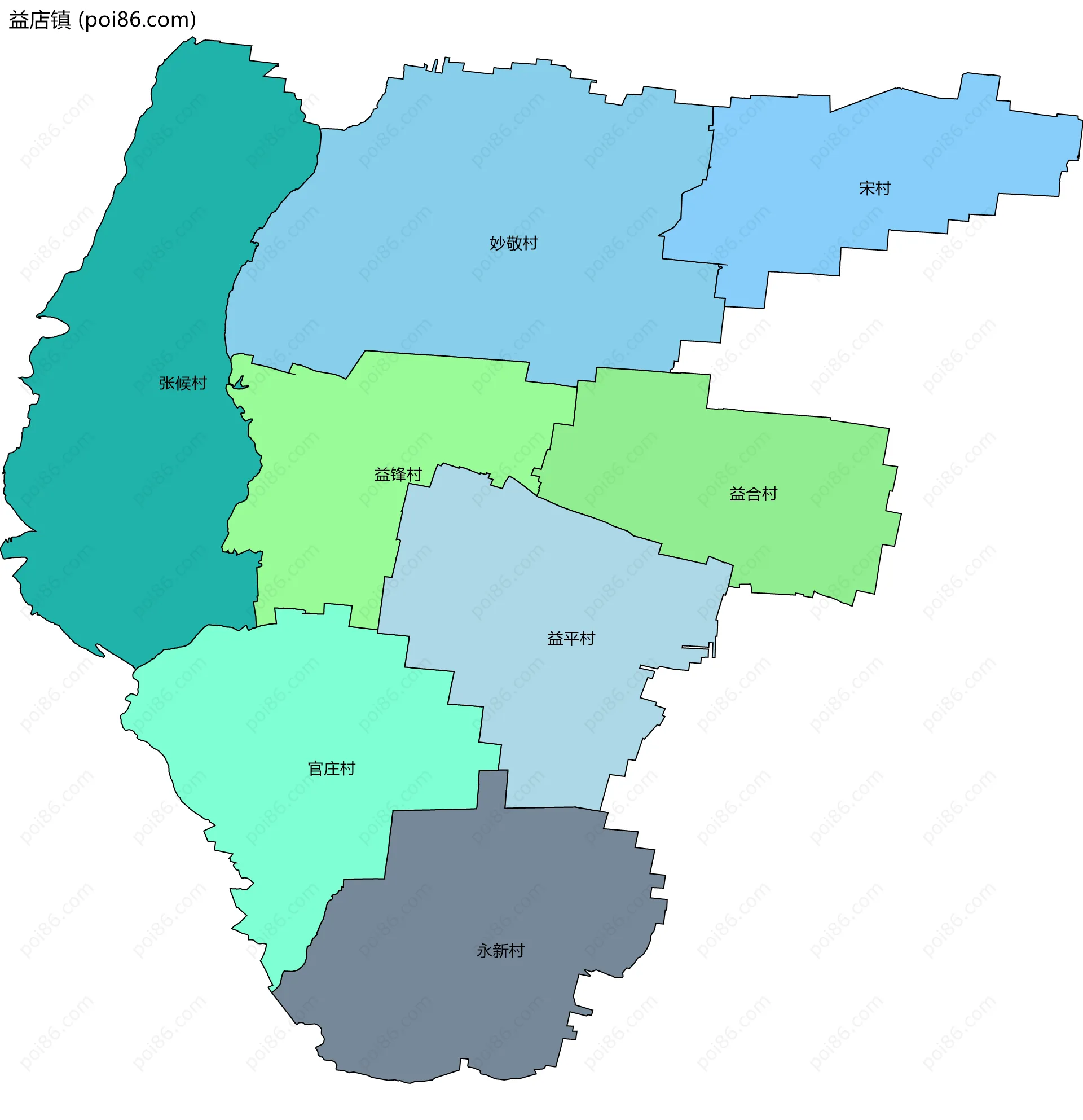 益店镇边界地图(五级行政区划)