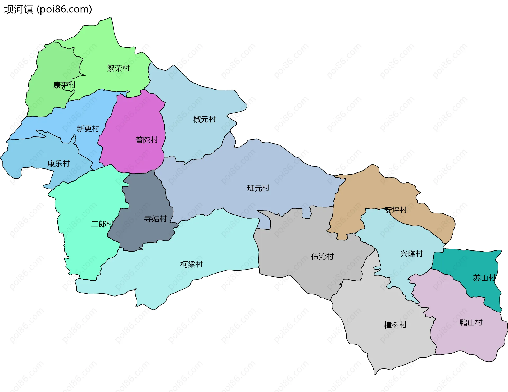坝河镇边界地图(五级行政区划)