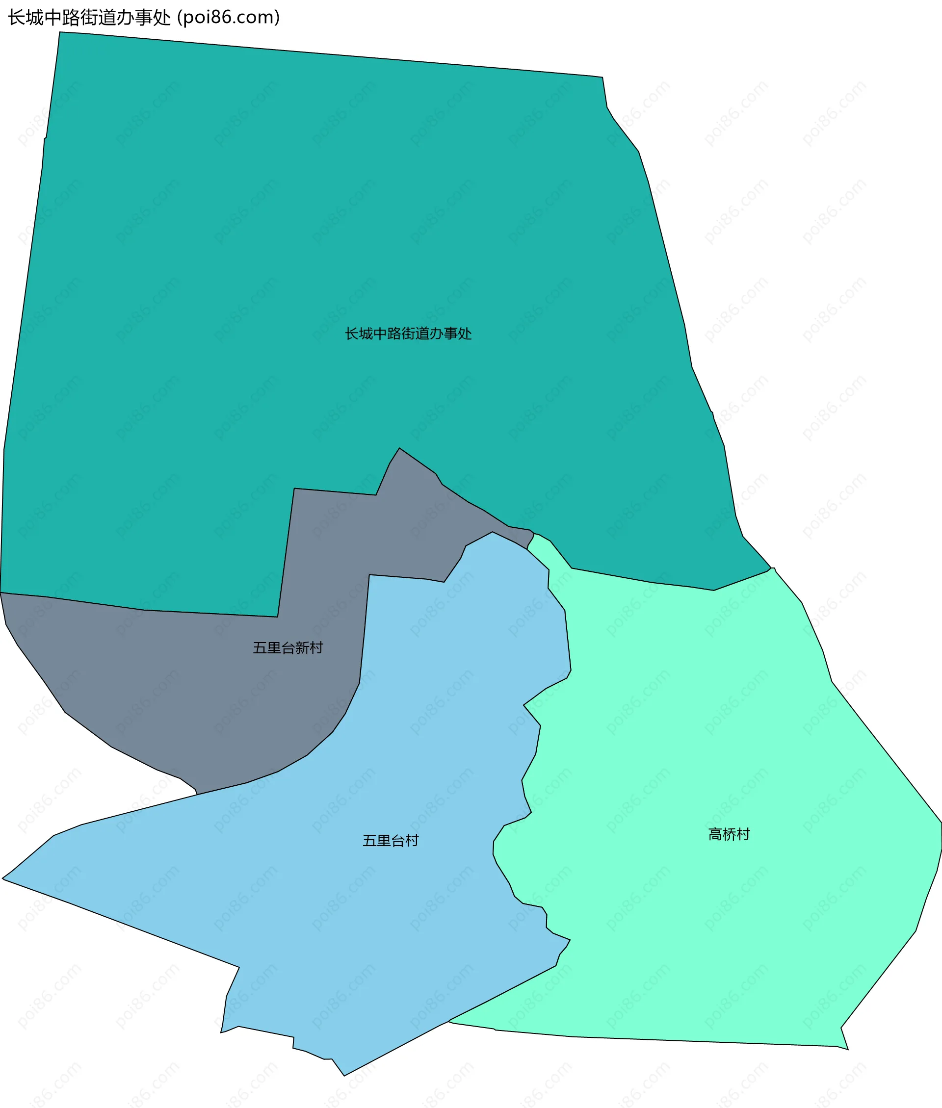 长城中路街道办事处边界地图(五级行政区划)