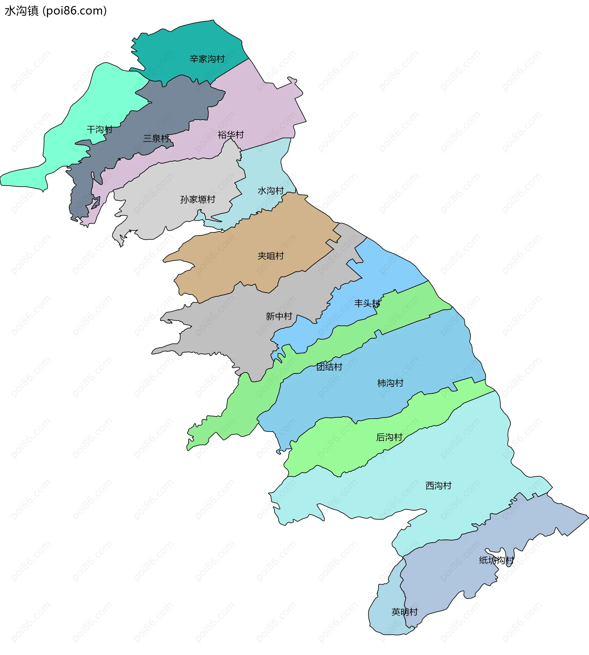 水沟镇边界地图(五级行政区划)