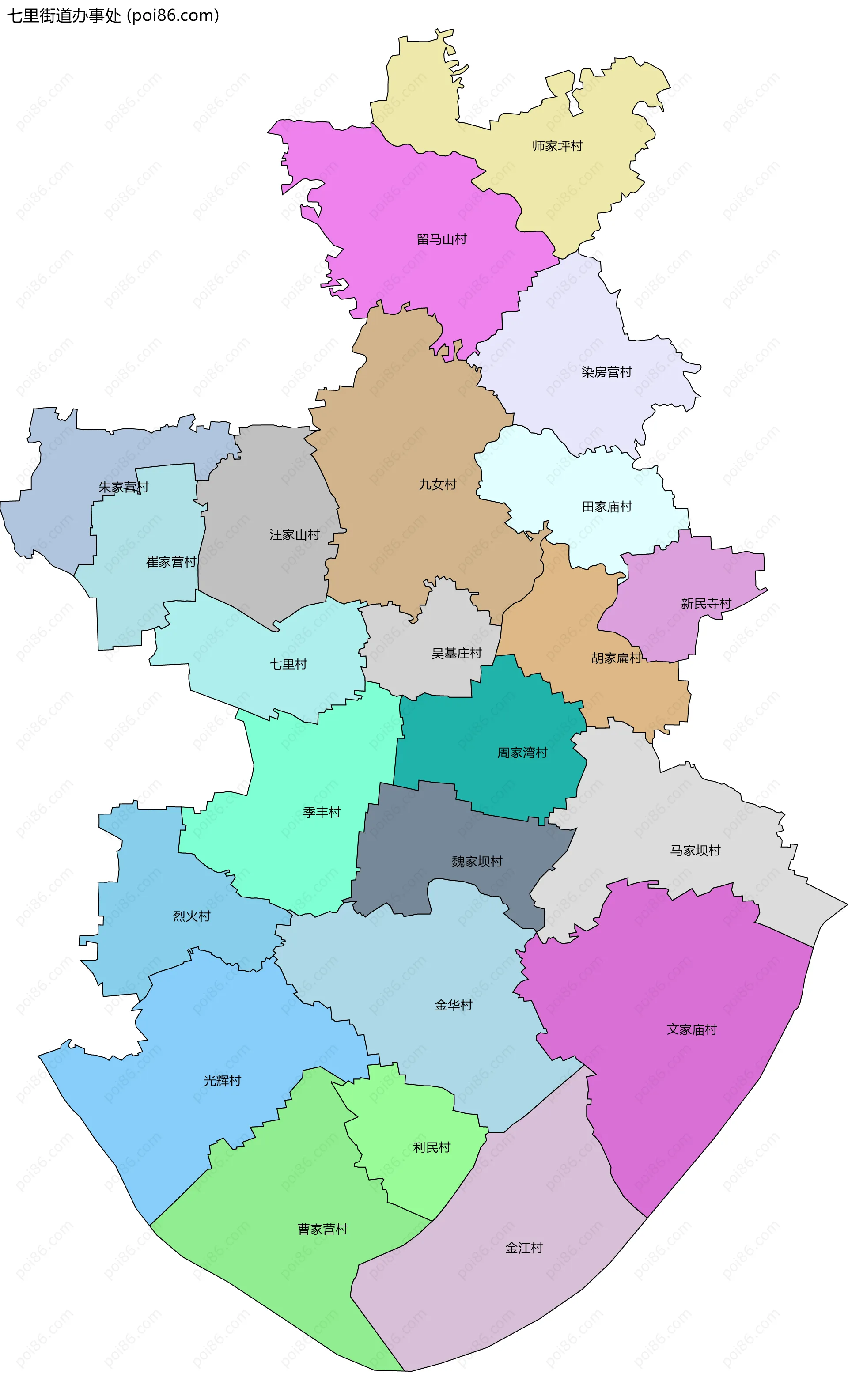 七里街道办事处边界地图(五级行政区划)