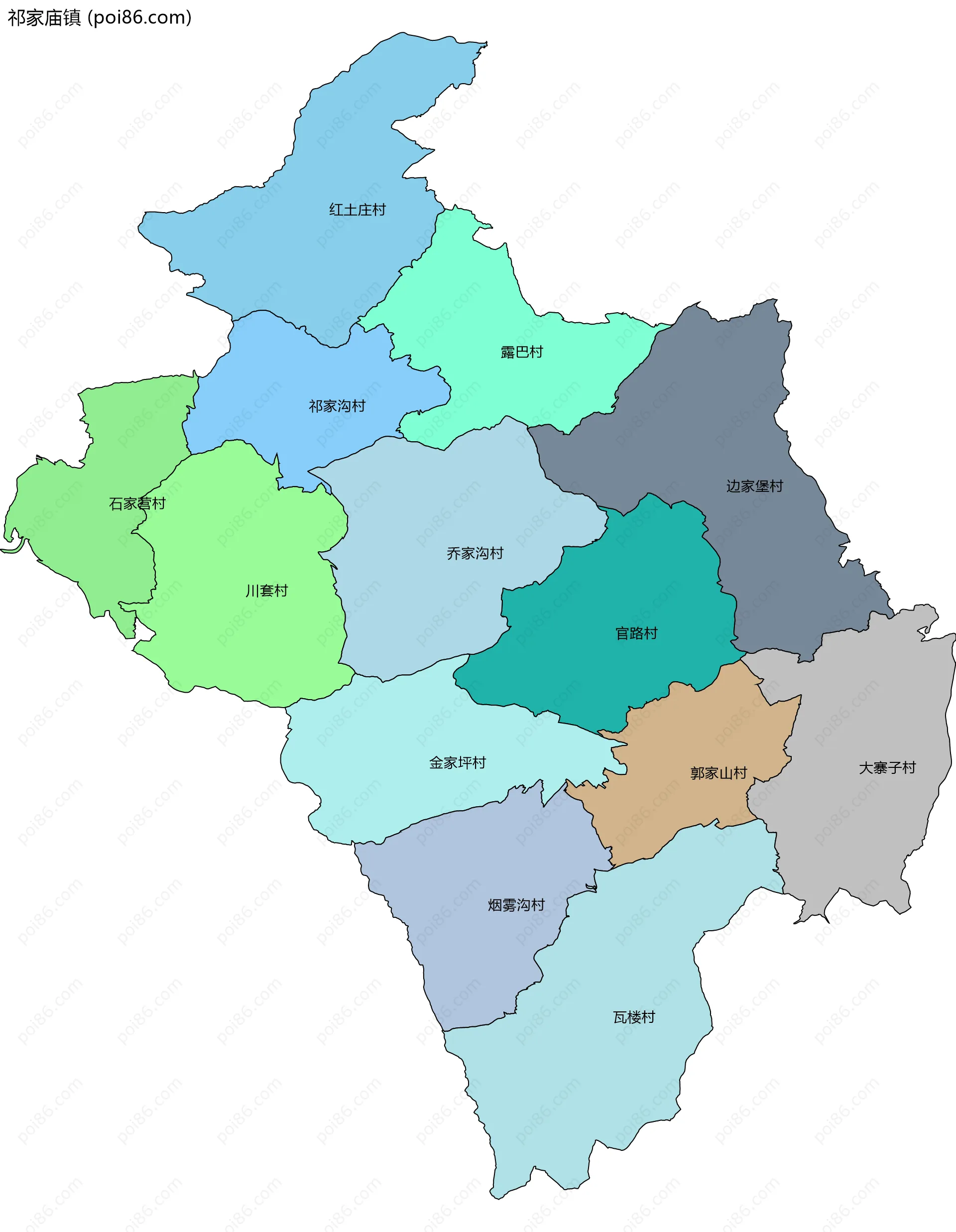 祁家庙镇边界地图(五级行政区划)