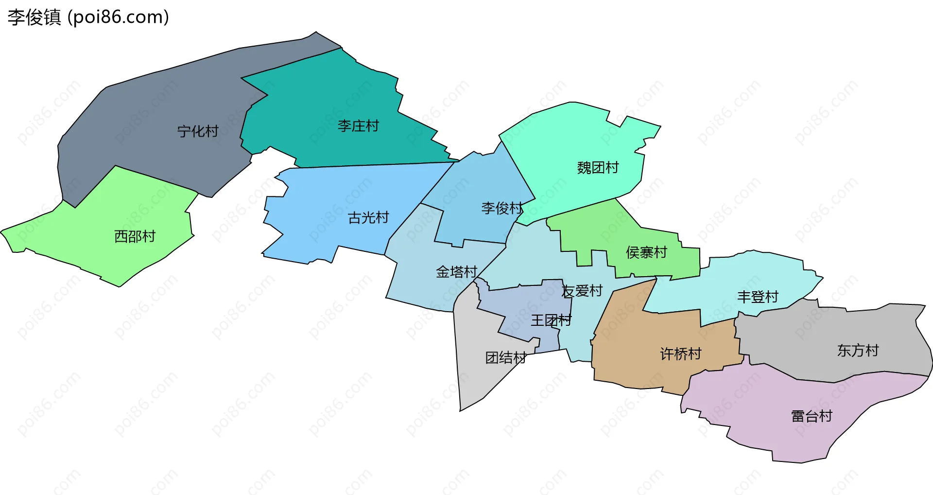 李俊镇边界地图(五级行政区划)