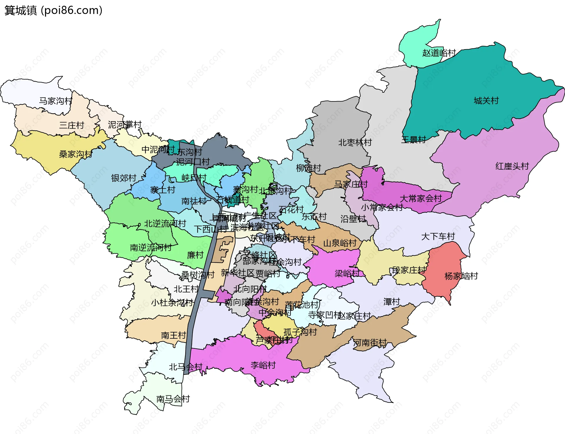 箕城镇边界地图(五级行政区划)