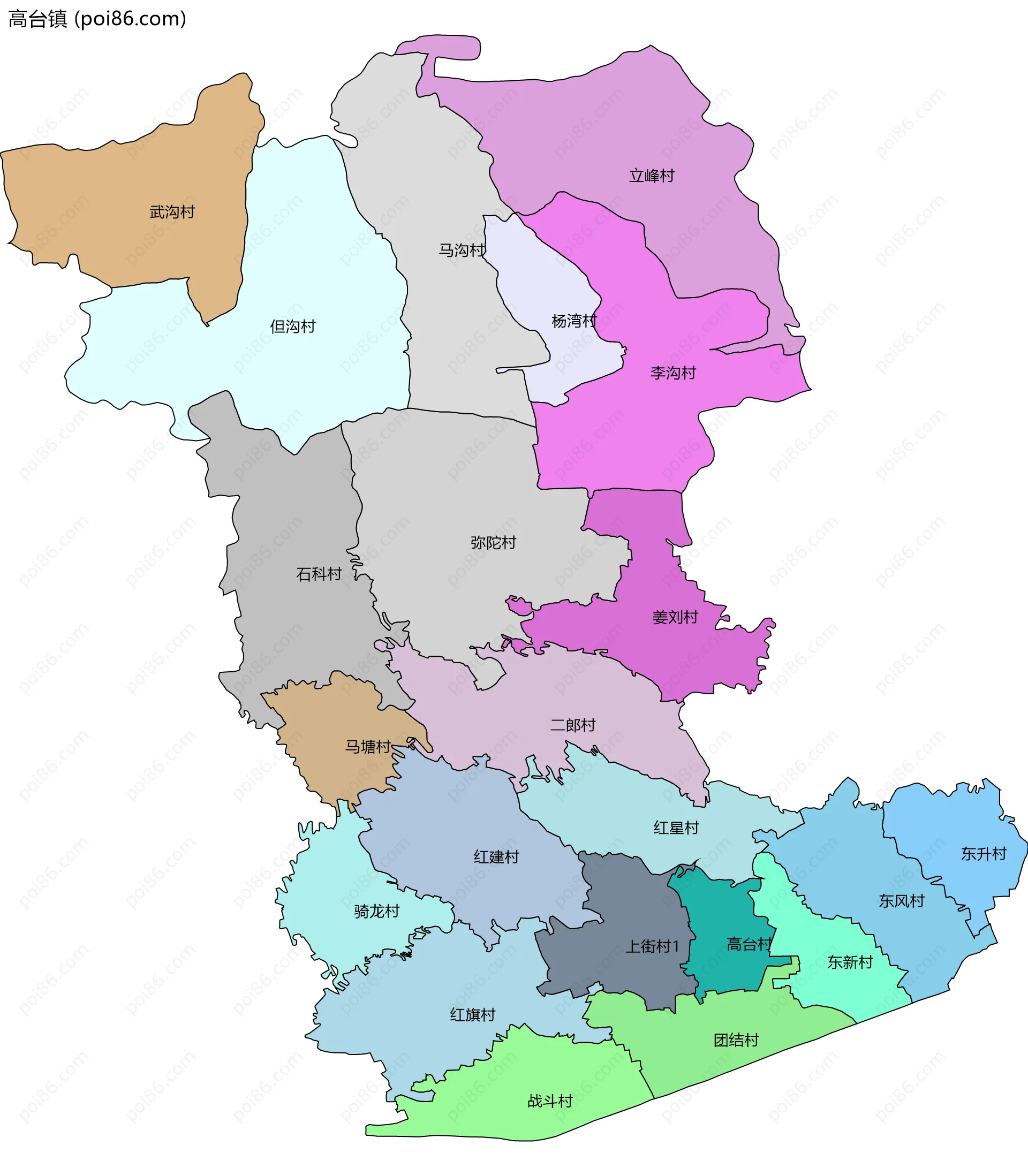 高台镇边界地图(五级行政区划)