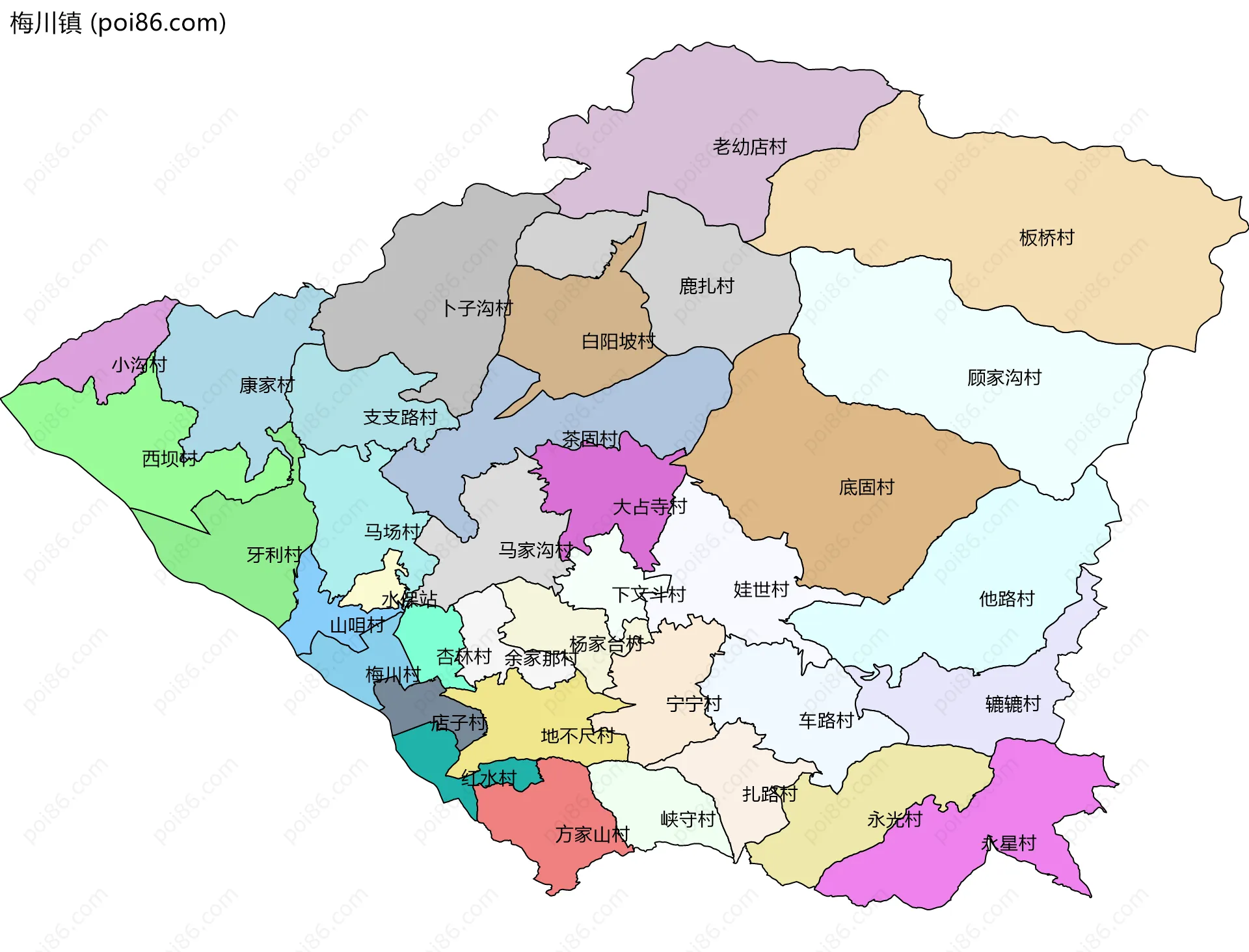 梅川镇边界地图(五级行政区划)