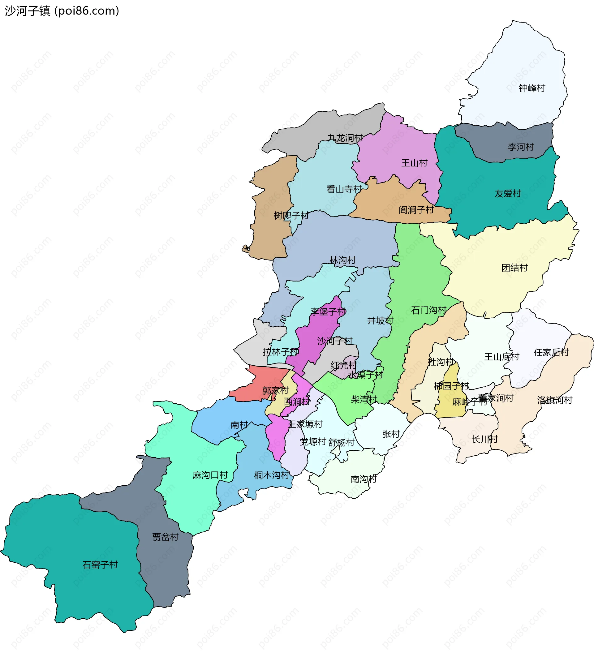 沙河子镇边界地图(五级行政区划)
