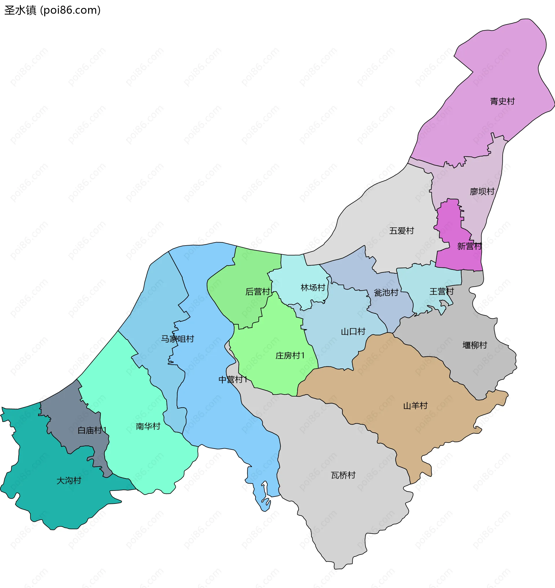 圣水镇边界地图(五级行政区划)