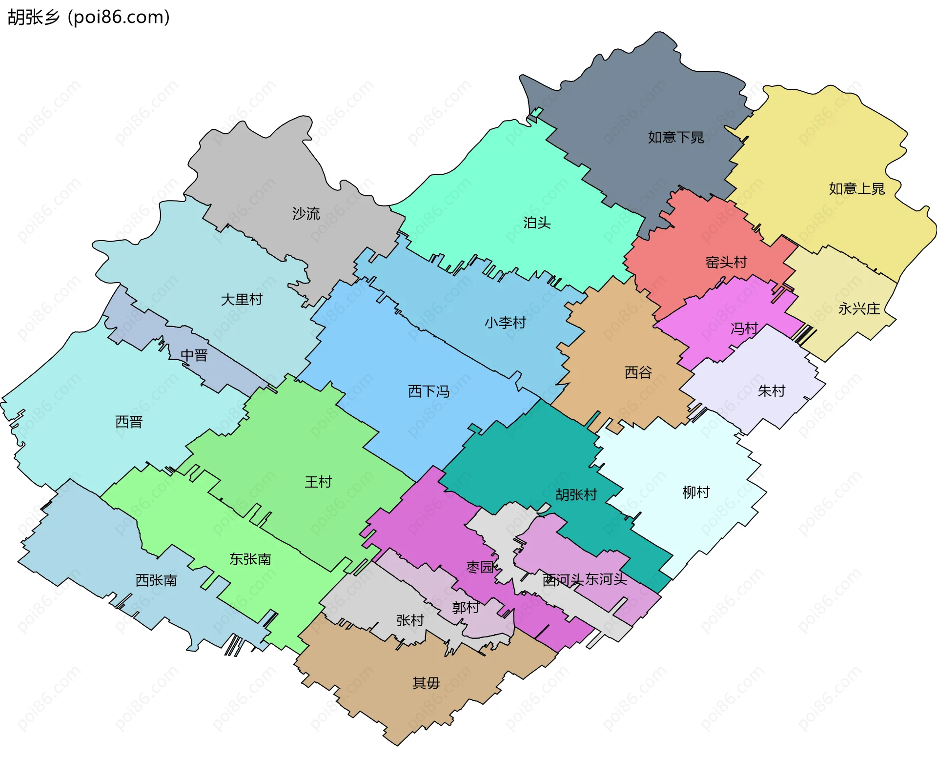 胡张乡边界地图(五级行政区划)