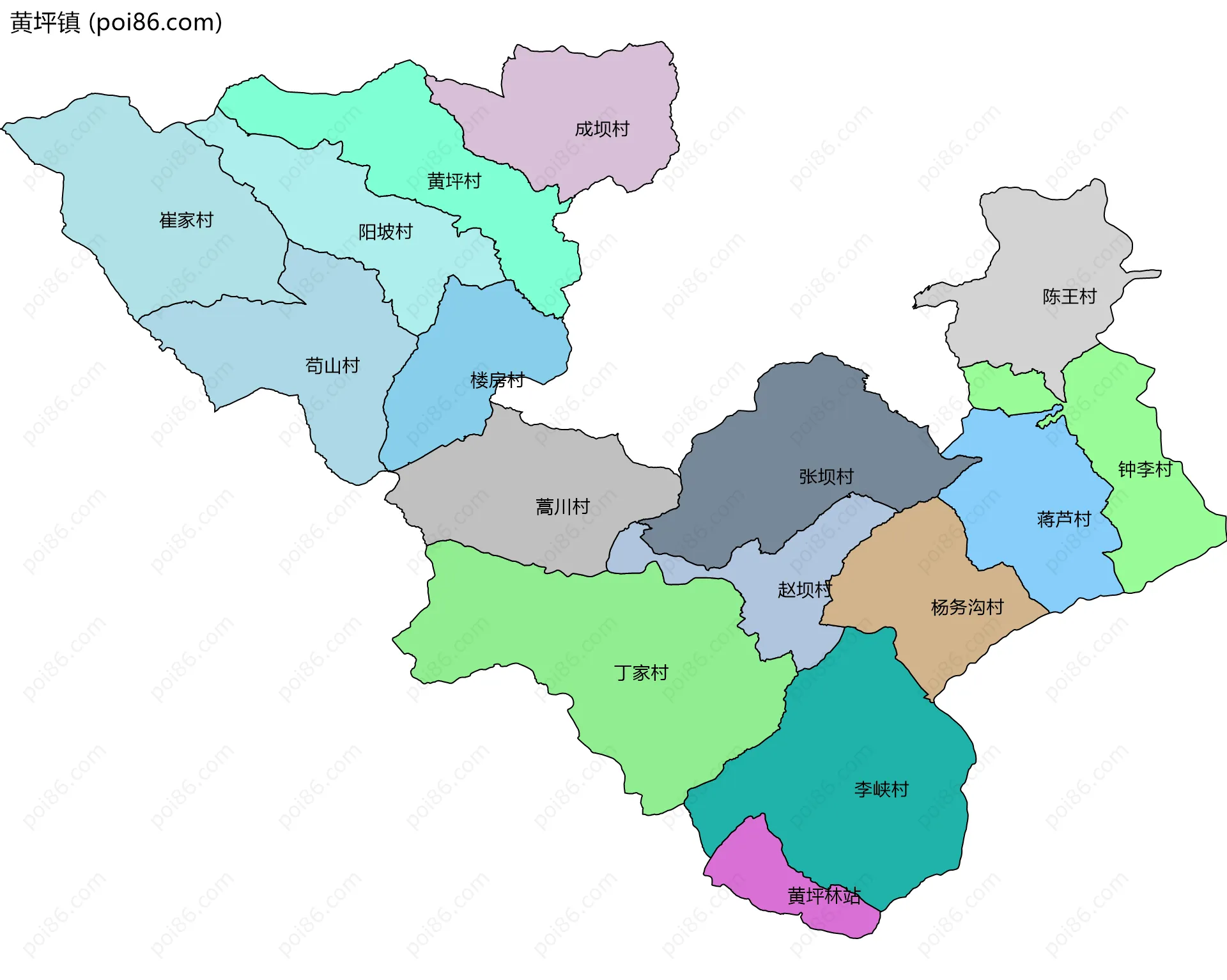 黄坪镇边界地图(五级行政区划)