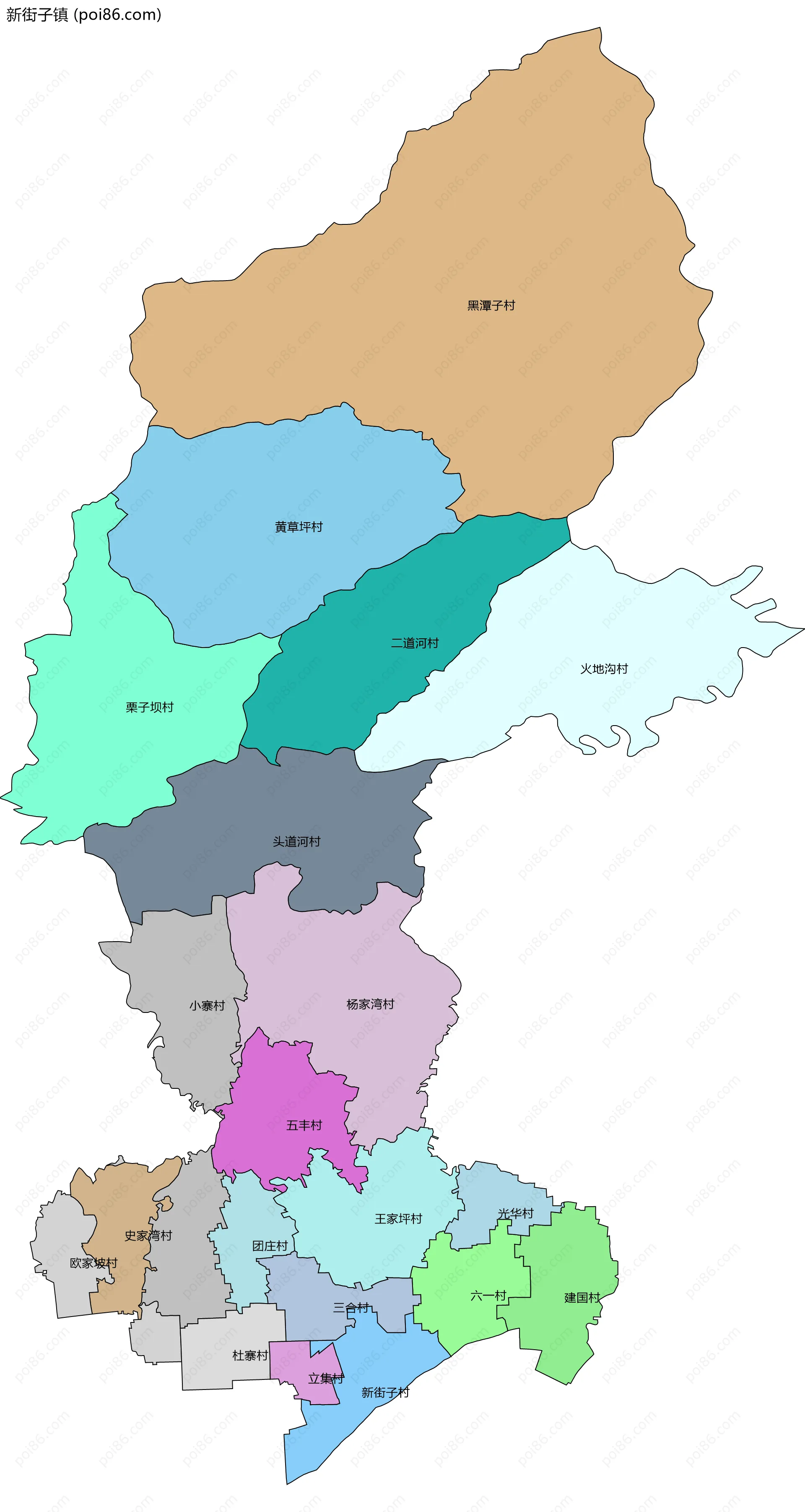 新街子镇边界地图(五级行政区划)