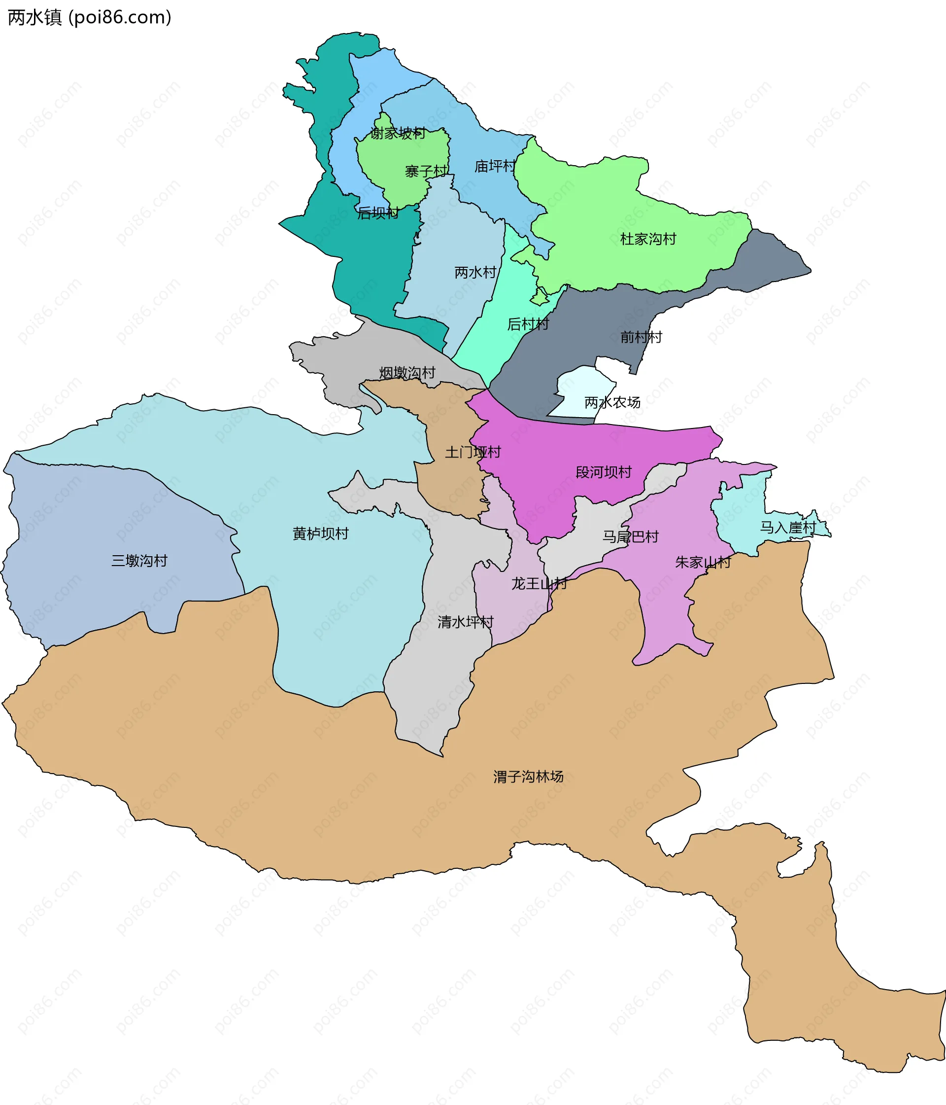 两水镇边界地图(五级行政区划)