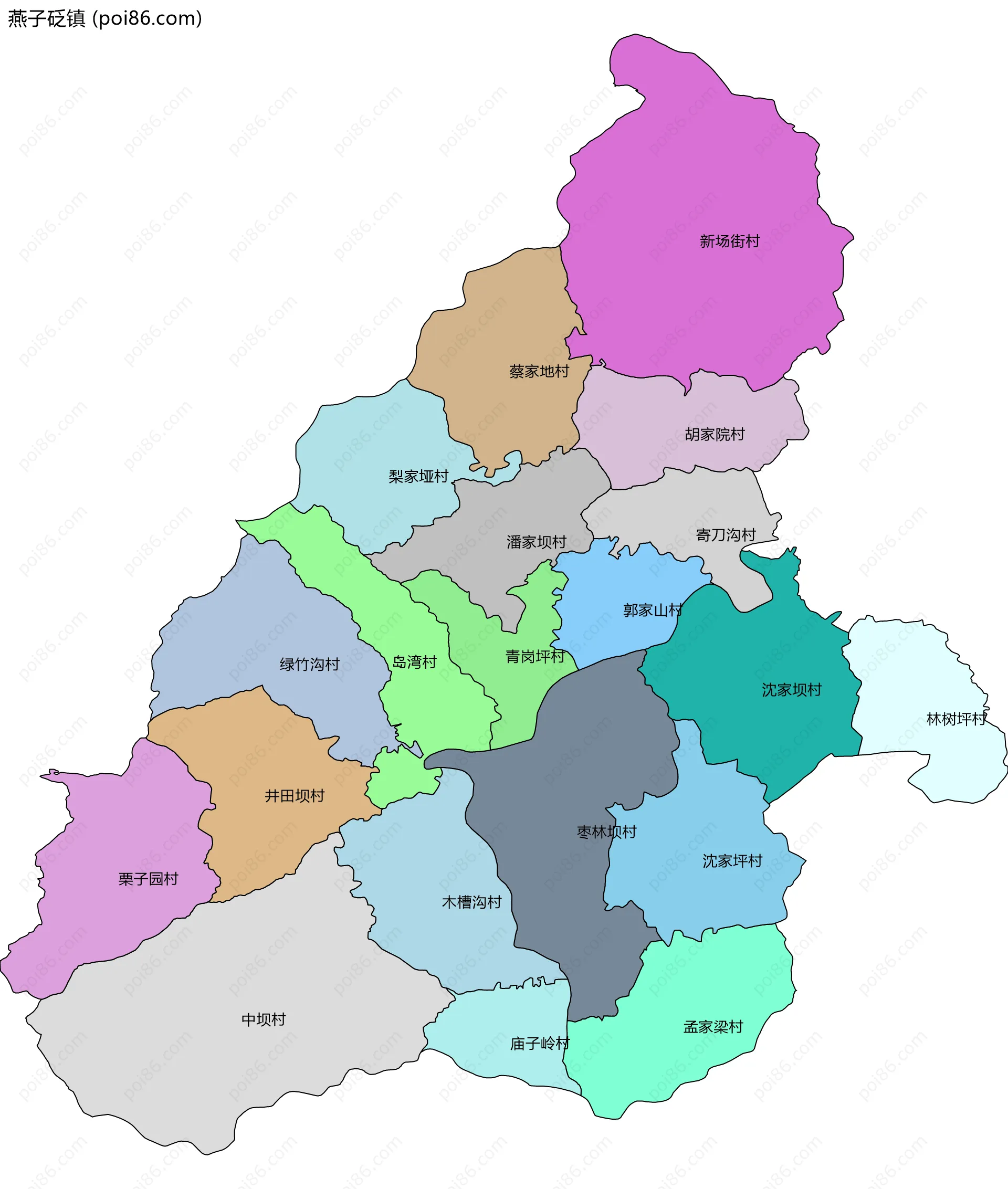 燕子砭镇边界地图(五级行政区划)