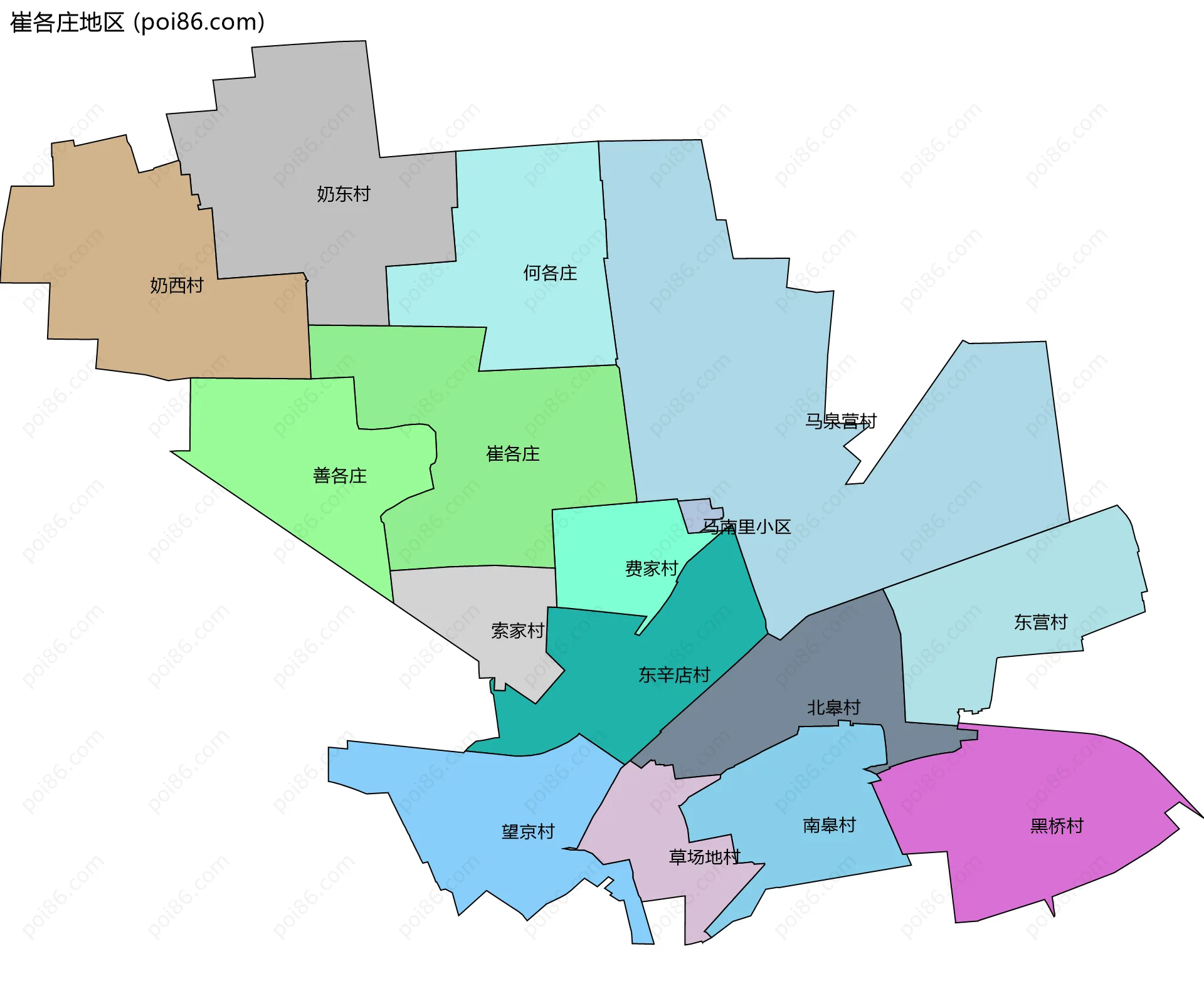崔各庄地区边界地图(五级行政区划)