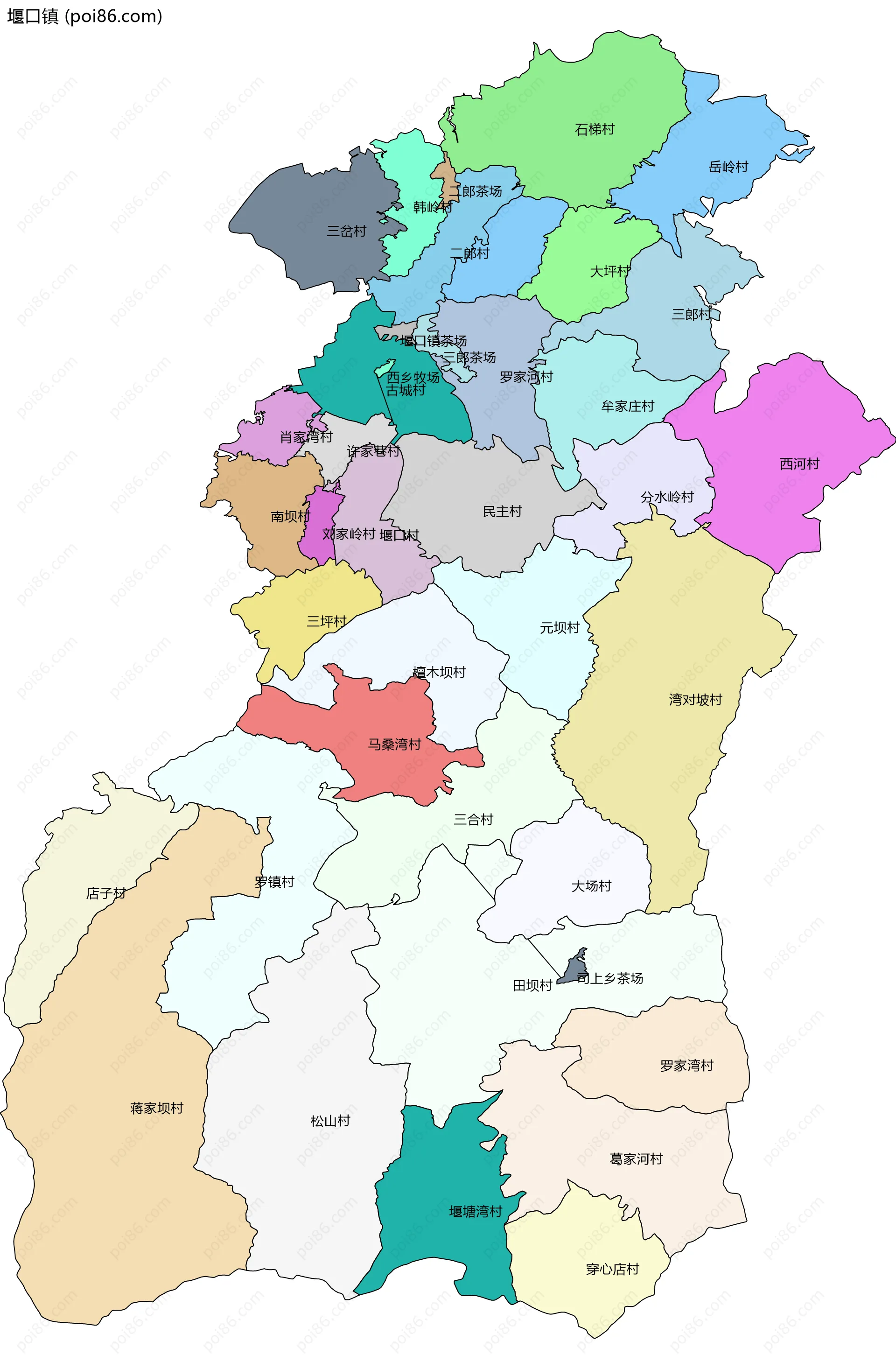 堰口镇边界地图(五级行政区划)