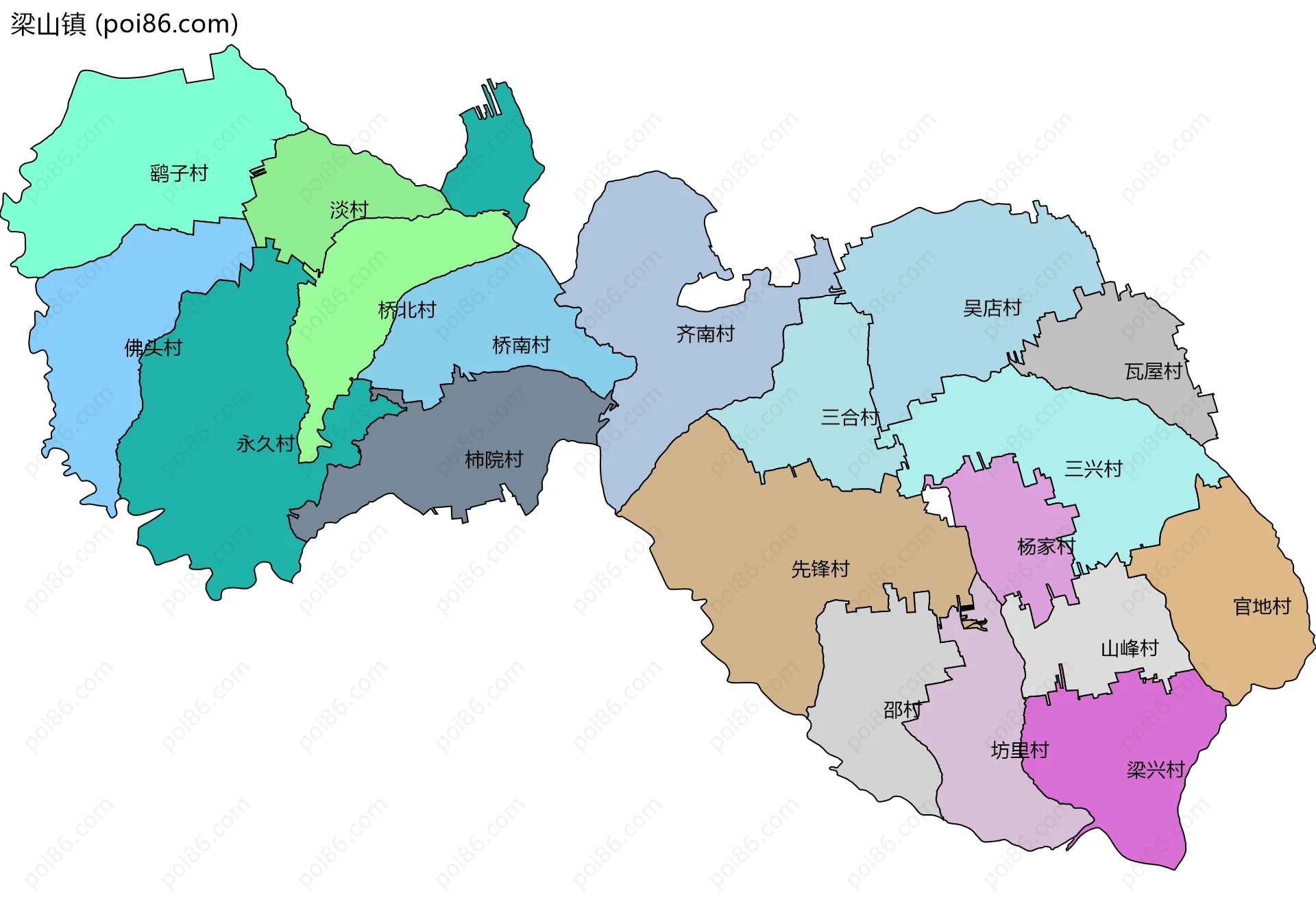 梁山镇边界地图(五级行政区划)