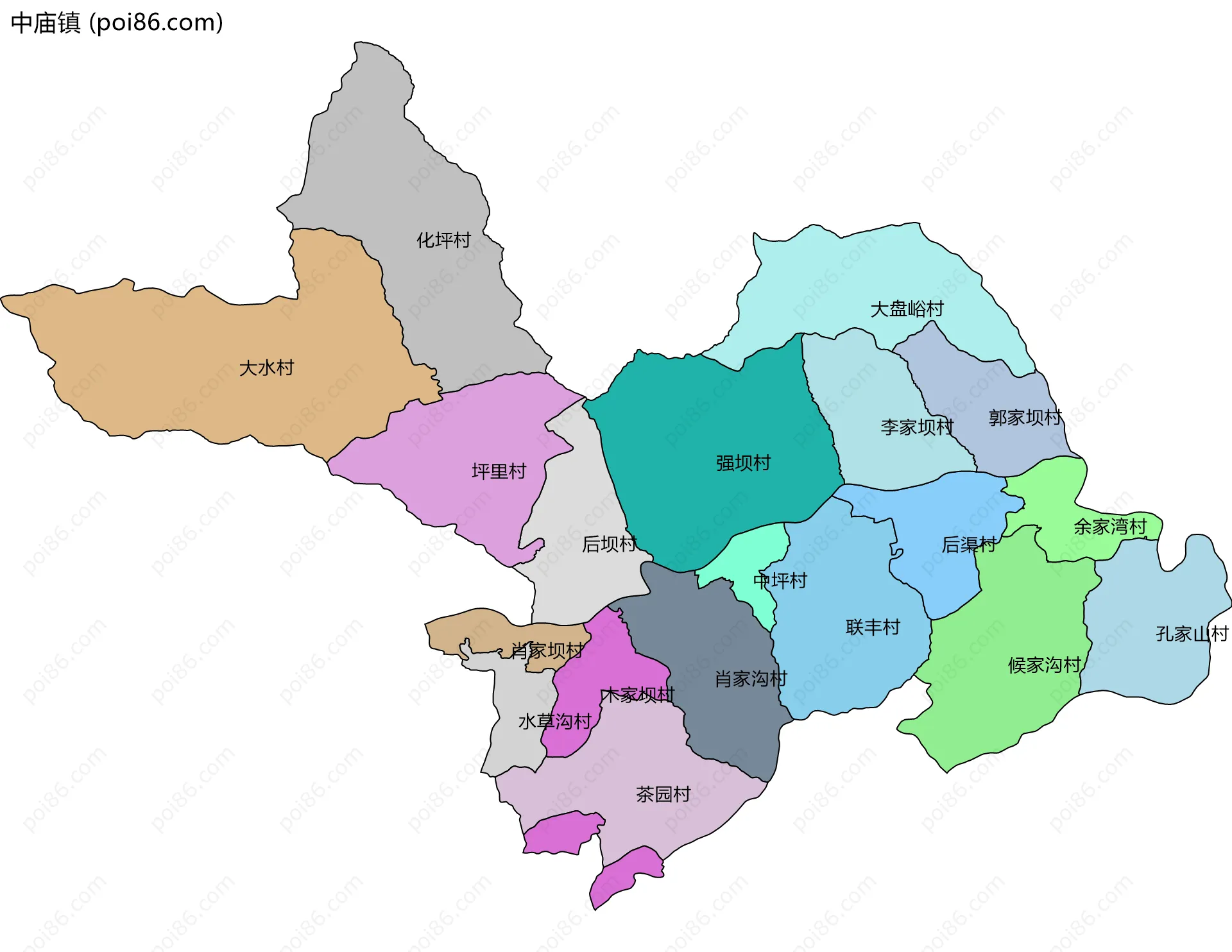 中庙镇边界地图(五级行政区划)